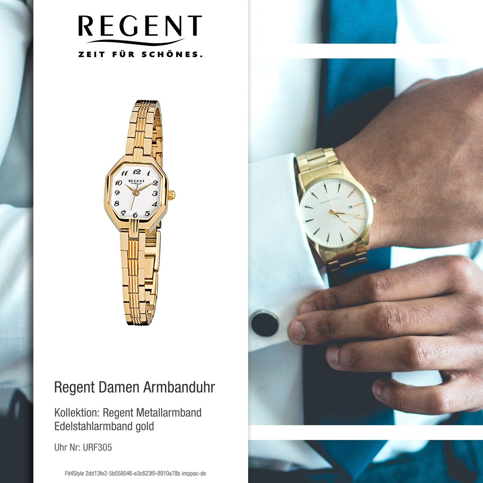 Regent Quarzuhr Armbanduhr Analog F-305, Damen-Armbanduhr Regent Damen klein ionenplattiert (ca. Edelstahl, eckig, 19x22mm), gold