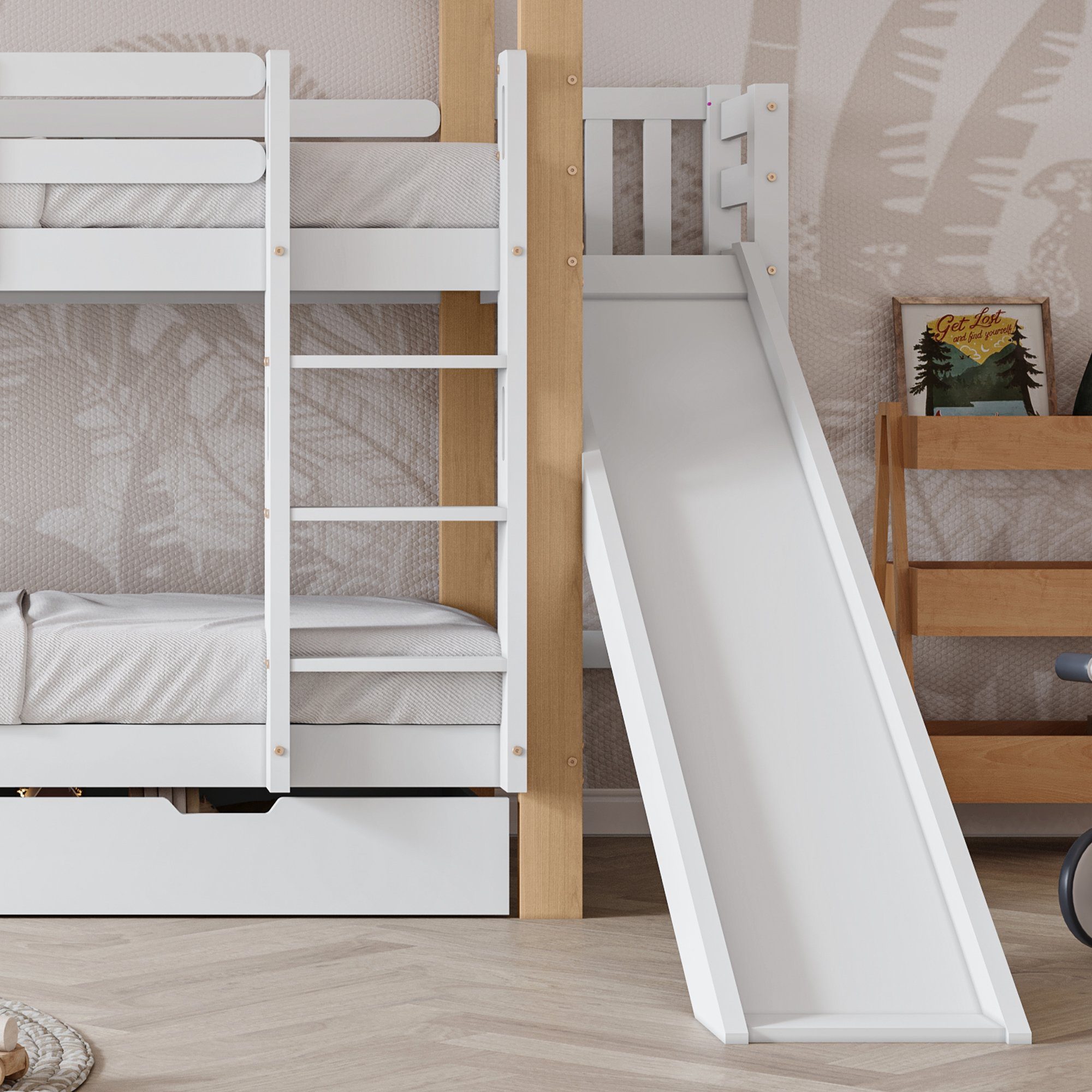 Etagenbett (Hausbett mit 2 Schubladen), Hochbett Kinderbett mit Lattenrost, Rutsche und Leiter, 90x200cm