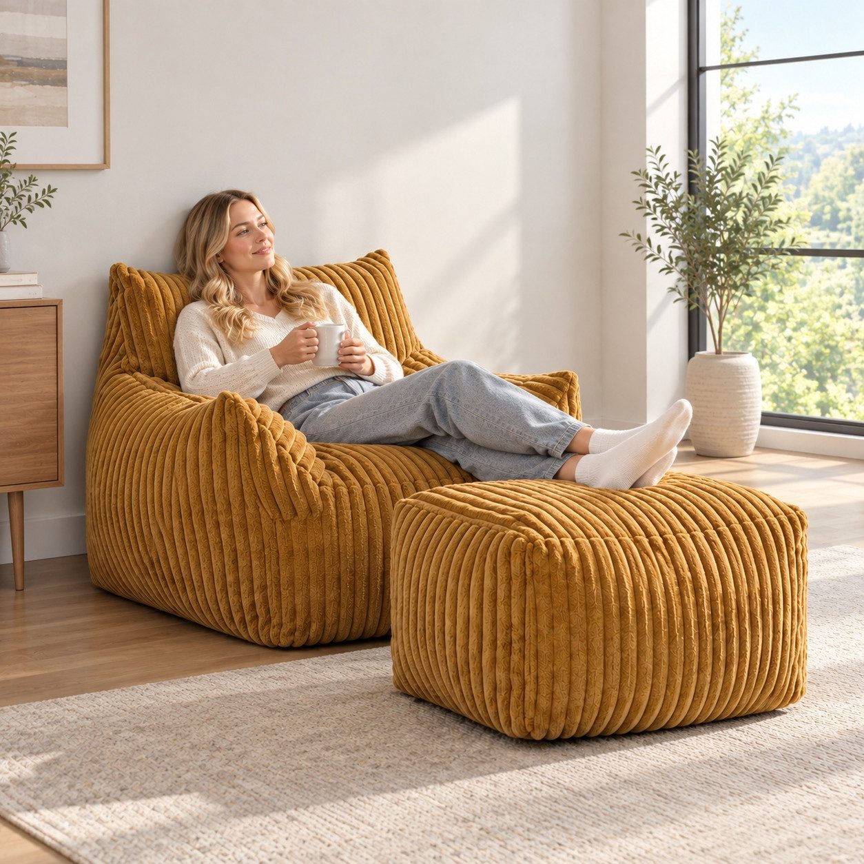 VUZINIC Sessel Corduroy-Beanbag-Stuhl mit Ottoman, Sofa aus hochdichtem Schaumstoff (2-St), Beanbag mit breiten Armlehnen – ideal für Wohnzimmer und Schlafzimme – Bild 3 von 5