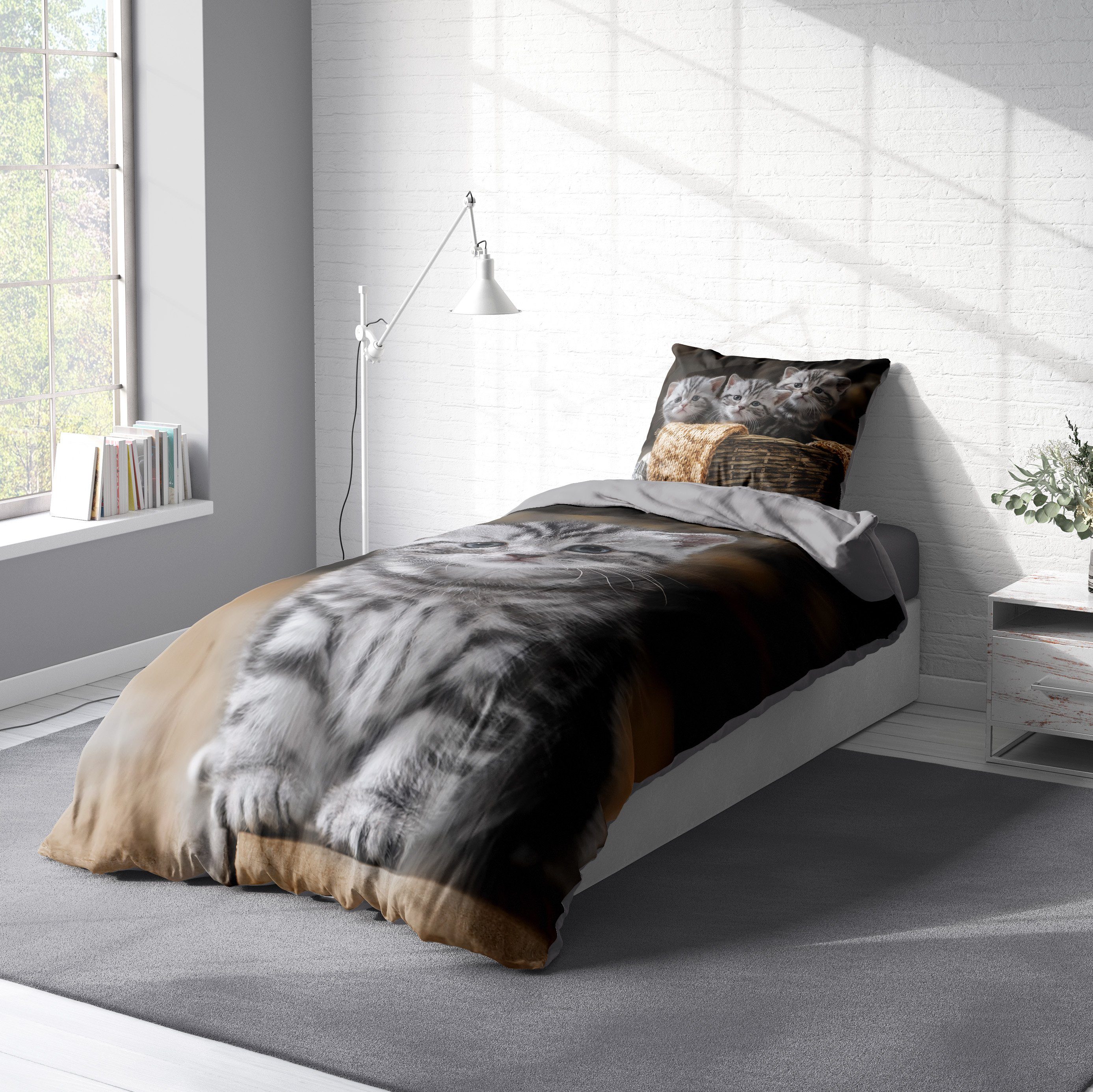 One Home Bettwäsche Little Kitty, Mikrofaser, 2 teilig, mit süßen Katzen Welpen