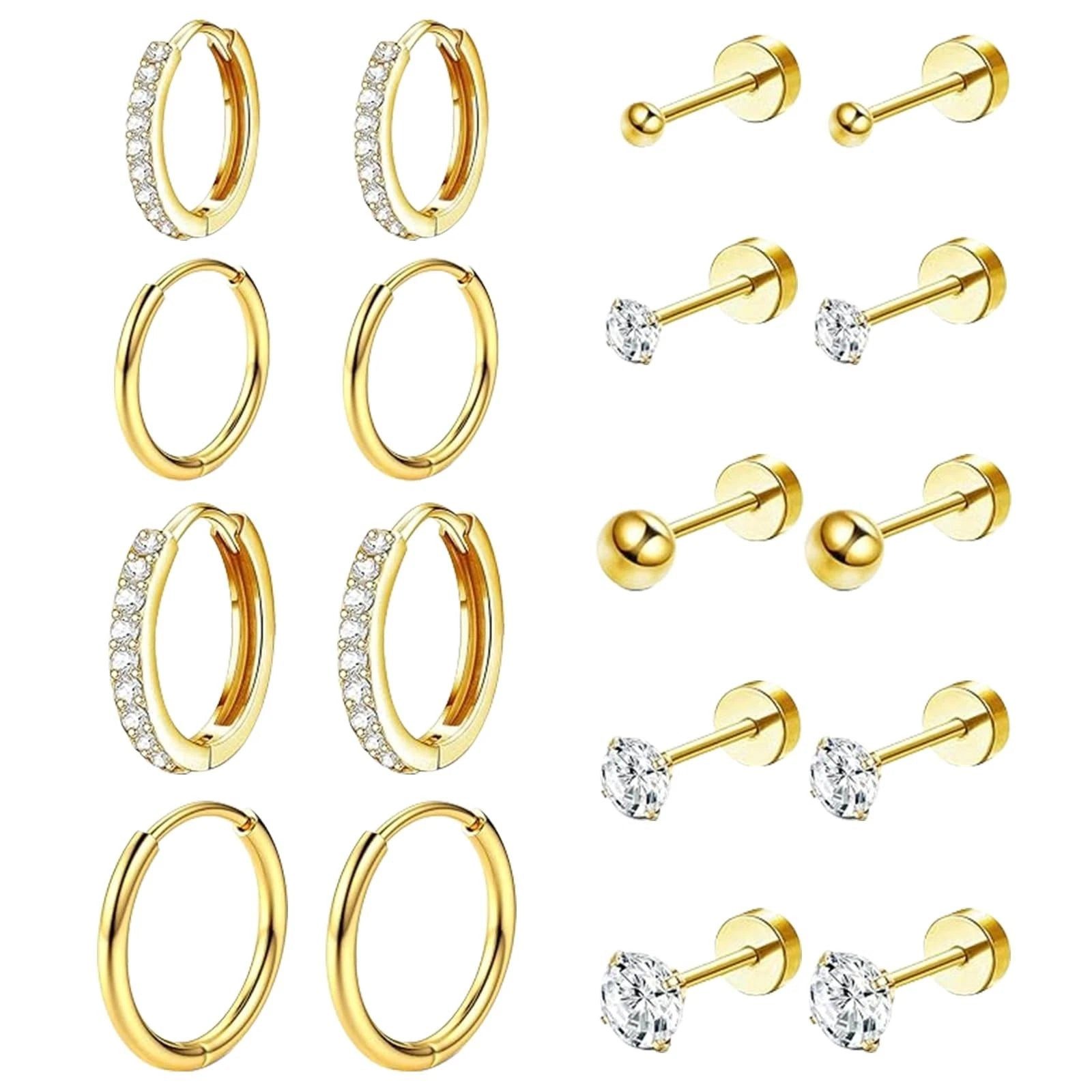 Zengi Ohrring-Set Creolen Ohrstecker für Damen Alltag Beruf Festtage Geschenk elegant (Set, 18-tlg., 9 aufeinander abgestimmte Paare), Goldfarben, Edelstahl, Zirkonia, hautverträglich