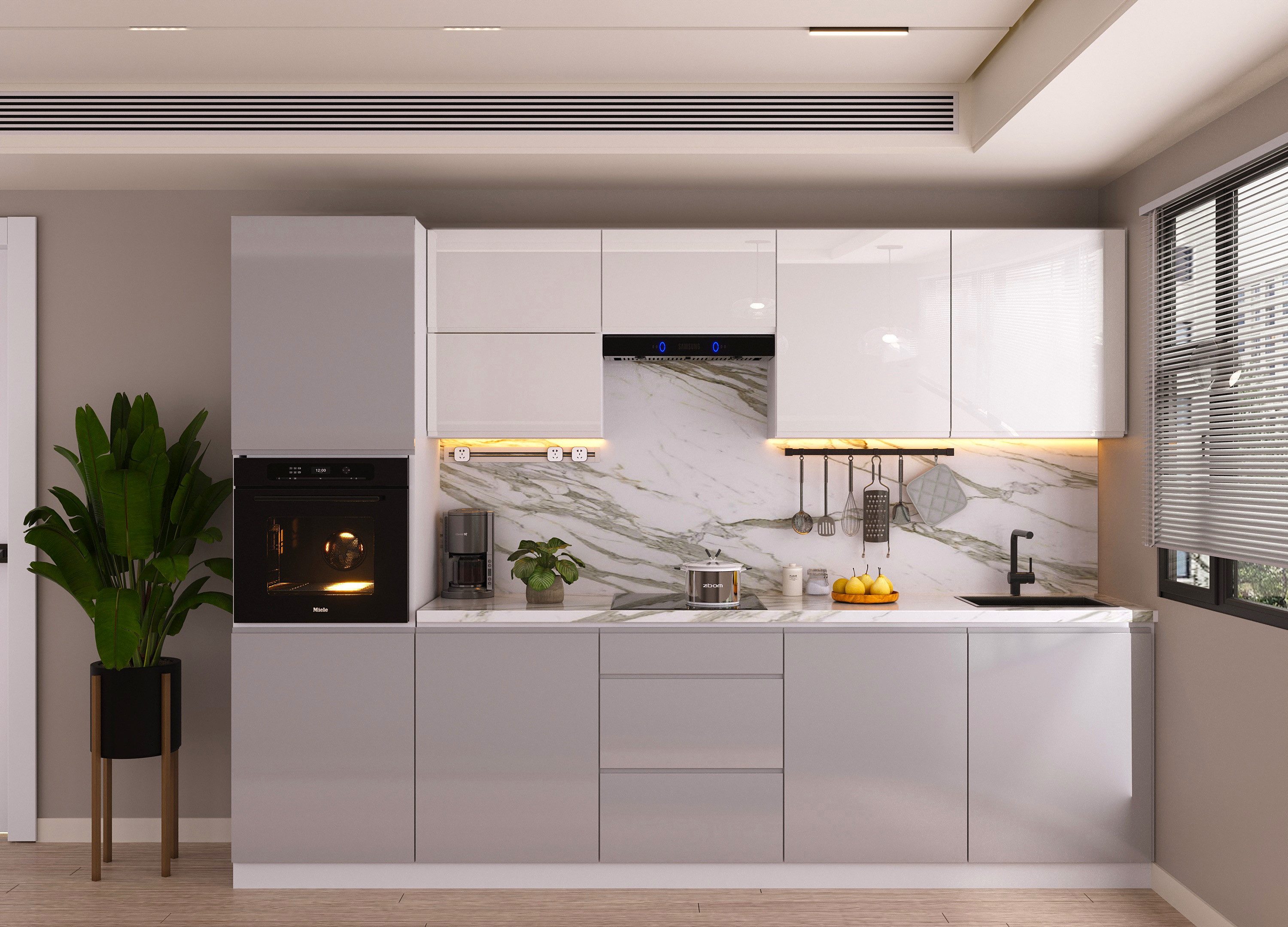 ROYAL24_MARKT Кухниzeile – KU-S01 – Aspen – Harmonische Kombination in Grau & Weiß Hochglanz, (Komplett Set), Luxus – Modern – Präzise