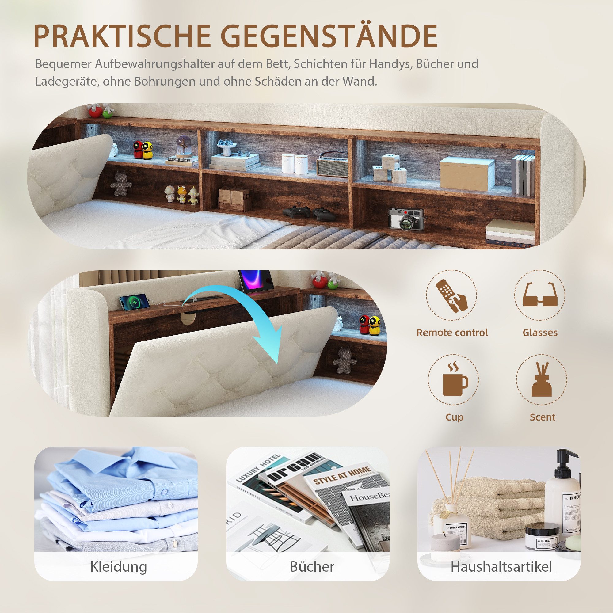 Celya Polsterbett 90x190 cm Schlafsofa Bettgestell ausziehbar, mit Stauraum (ohne Matratze, mit Ablagefläche, LED Licht, USB und Type-C) – Bild 3 von 5