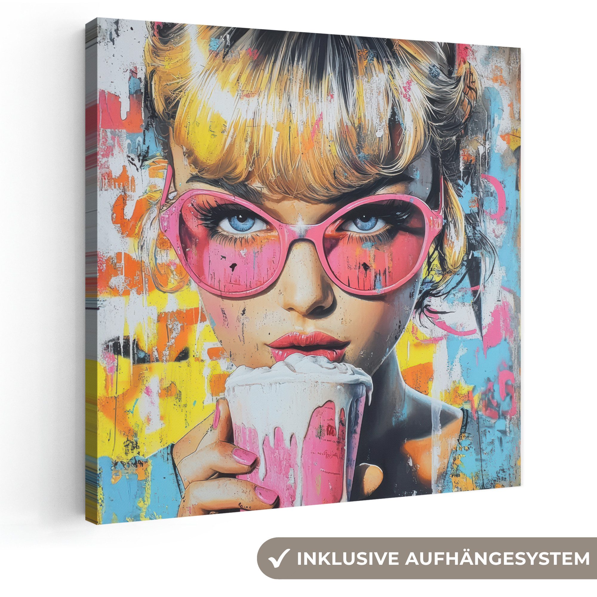 OneMillionCanvasses® Leinwandbild Ausdrucksstark - Milchshake - Frau - Leuchtende Farben, Fotodruck (1 St), Wandbild, Deko Schlafzimmer Wohnzimmer Flur 20x20 cm