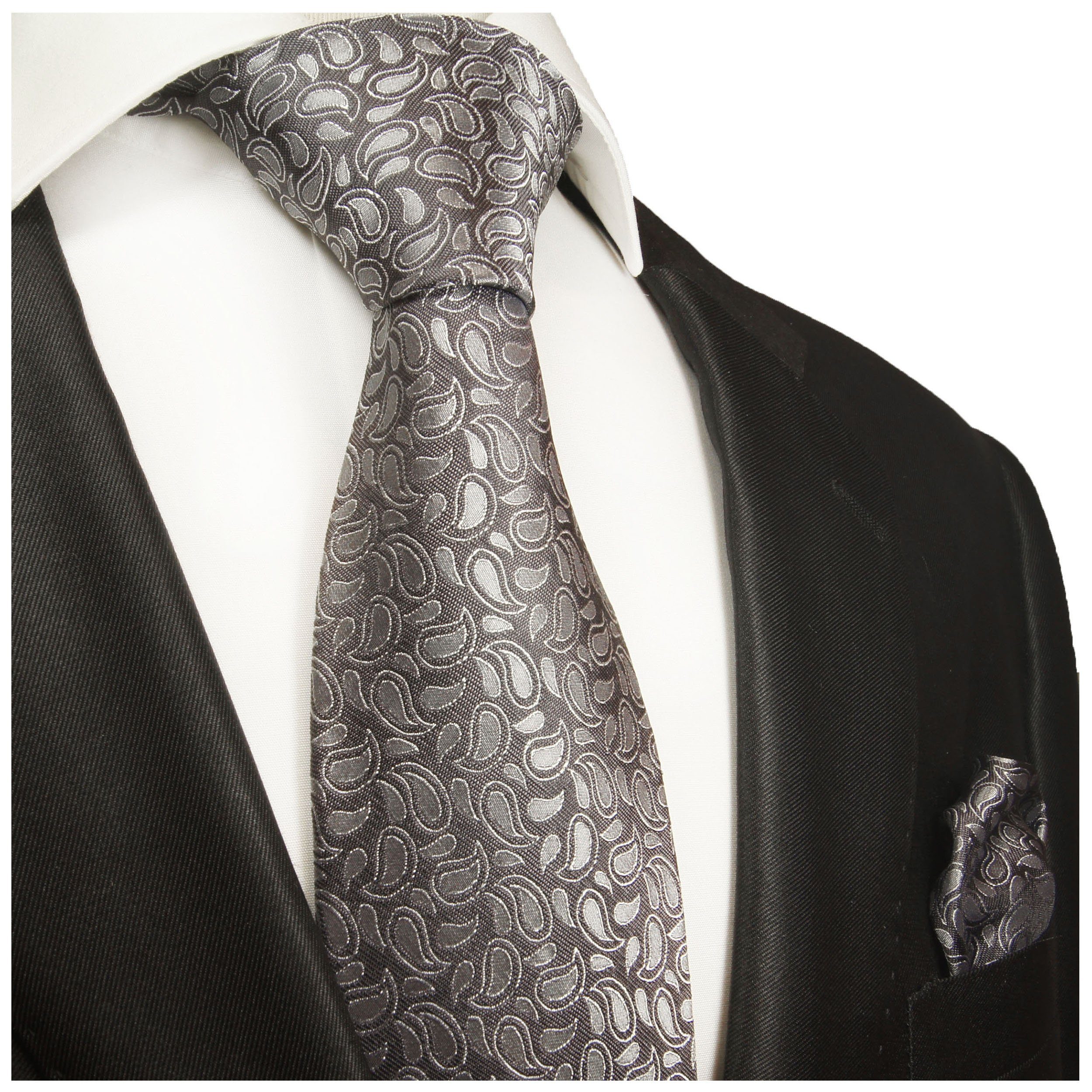 Herren Tuch Einstecktuch) silber (6cm), Krawatte mit Paul grau 100% modern 2005 Schmal 2-St., mit (Set, paisley Seidenkrawatte Malone Seide Krawatte