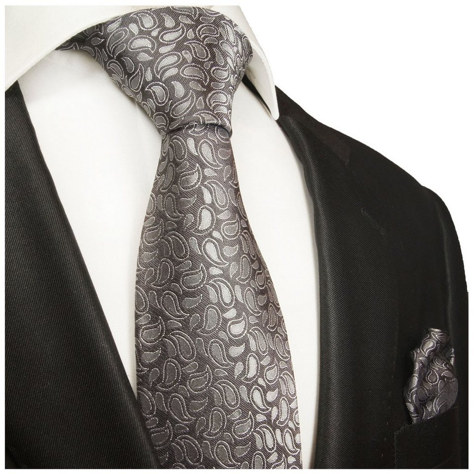 2-St., Tuch Paul silber paisley Krawatte Seidenkrawatte Herren (6cm), Seide Krawatte 2005 modern Malone mit 100% grau Schmal (Set, Einstecktuch) mit