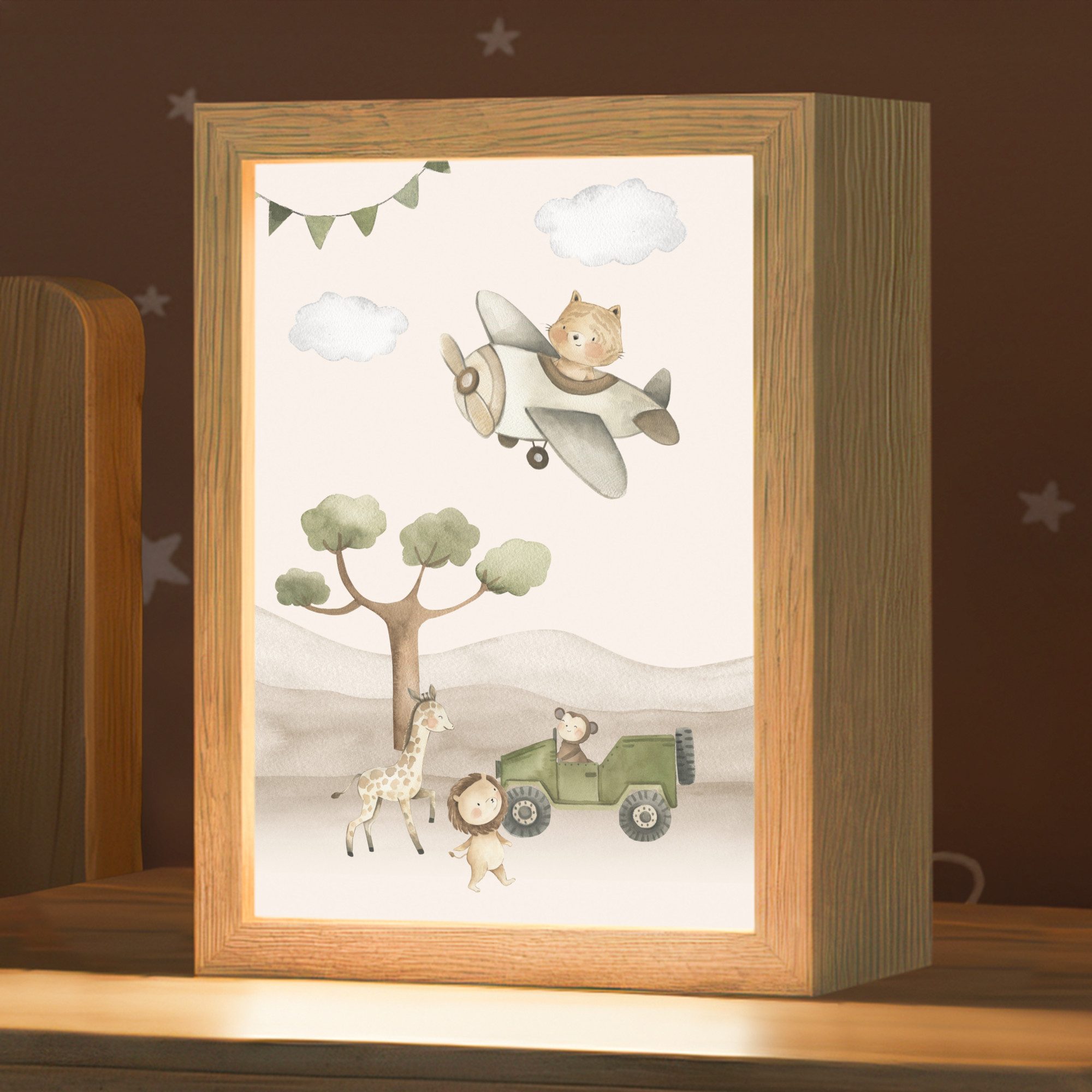 OnlyWow Nachttischlampe Lightbox Wildlife - Safari - Pastellfarben - Aquarell - Flugzeug - Mäd, Dimmbar, Farbwechsel, LED, Warmweiß, Kaltweiß, Neutralweiß Einstellbar, Kinderzimmer, Babyzimmer, Dimmbar, mit Kabel, Nachtlampe, LED