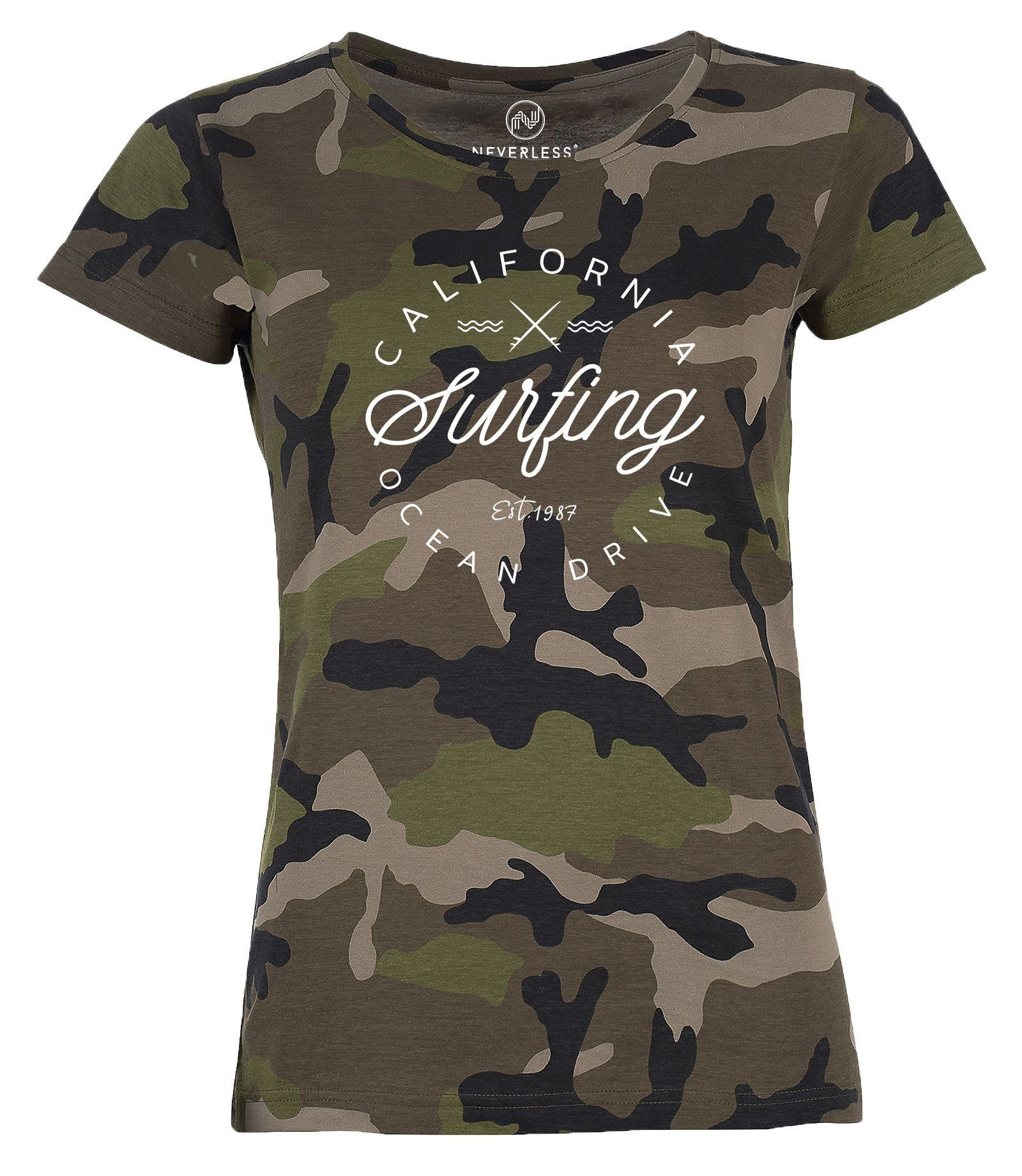 Neverless Print-Shirt Damen Camo-Shirt California Surfing Ocean Drive Summer Camouflage T-Shirt Tarnmuster Neverless® mit Print