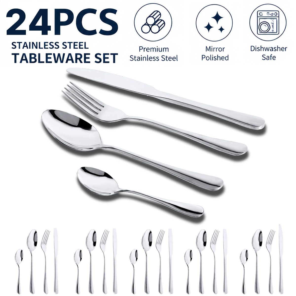 Forrlite Besteck-Set Besteck Set für 6 Personen,24teiliges Edelstahl Essbesteck&Steakmesser, 6 Personen, Elegantes/Modernes Besteckset,Besteck Set für Restaurant,Hotel,Zuhause