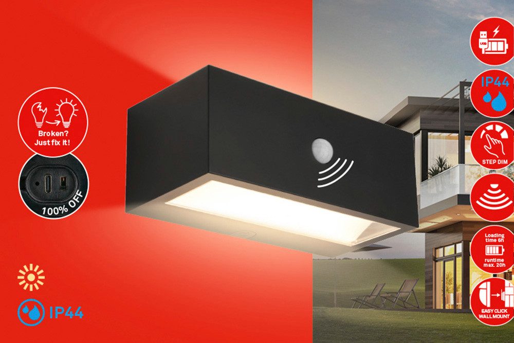 Briloner Leuchten LED Außen-Wandleuchte DOGU, LED fest integriert, 18,5x9,5x7,5 cm, Akku tauschbar, Indoor/Outdoor, Balkon, Hauswand