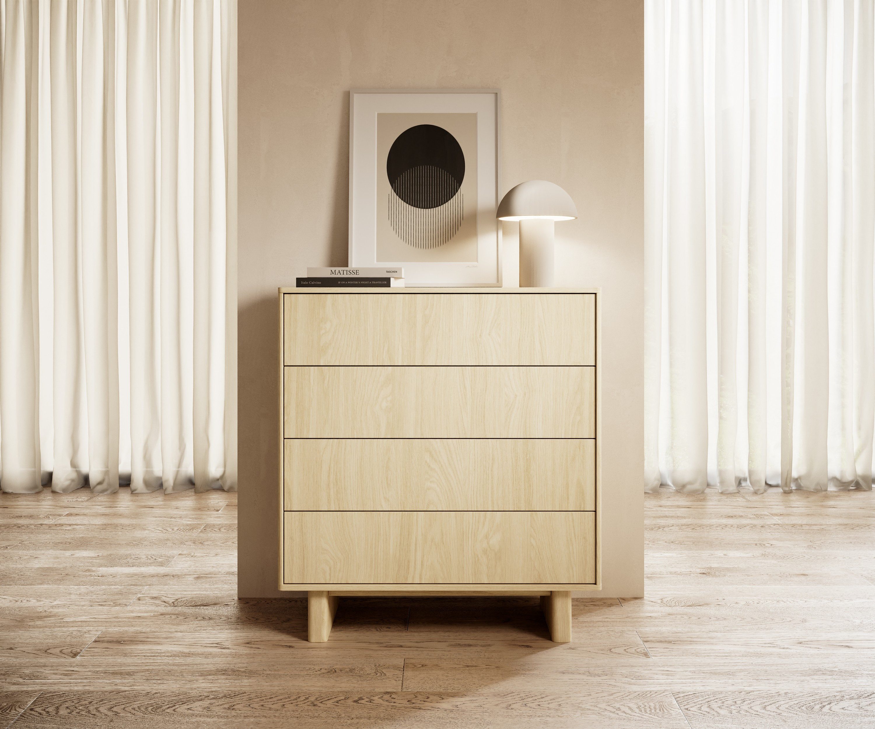 Masseno Kommode TRAVE 93,5 cm Sideboard mit 4 Schubladen Eichefarben