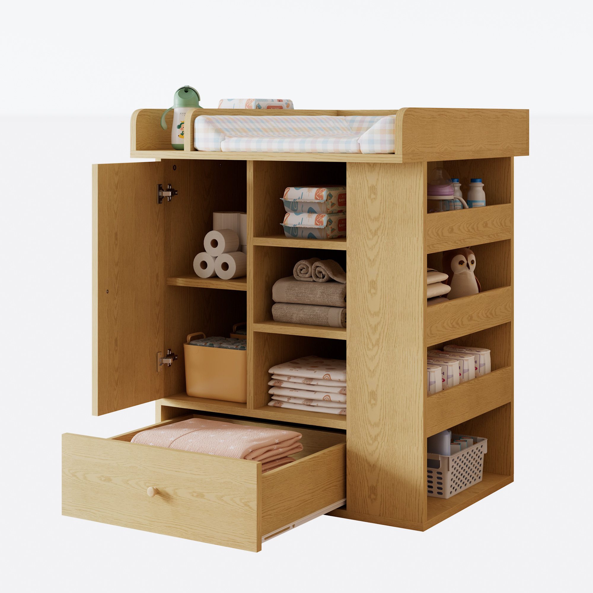 Wickelkommode Wickeltisch mit Schublade, Schrank, Regalen und Handtuchhalter