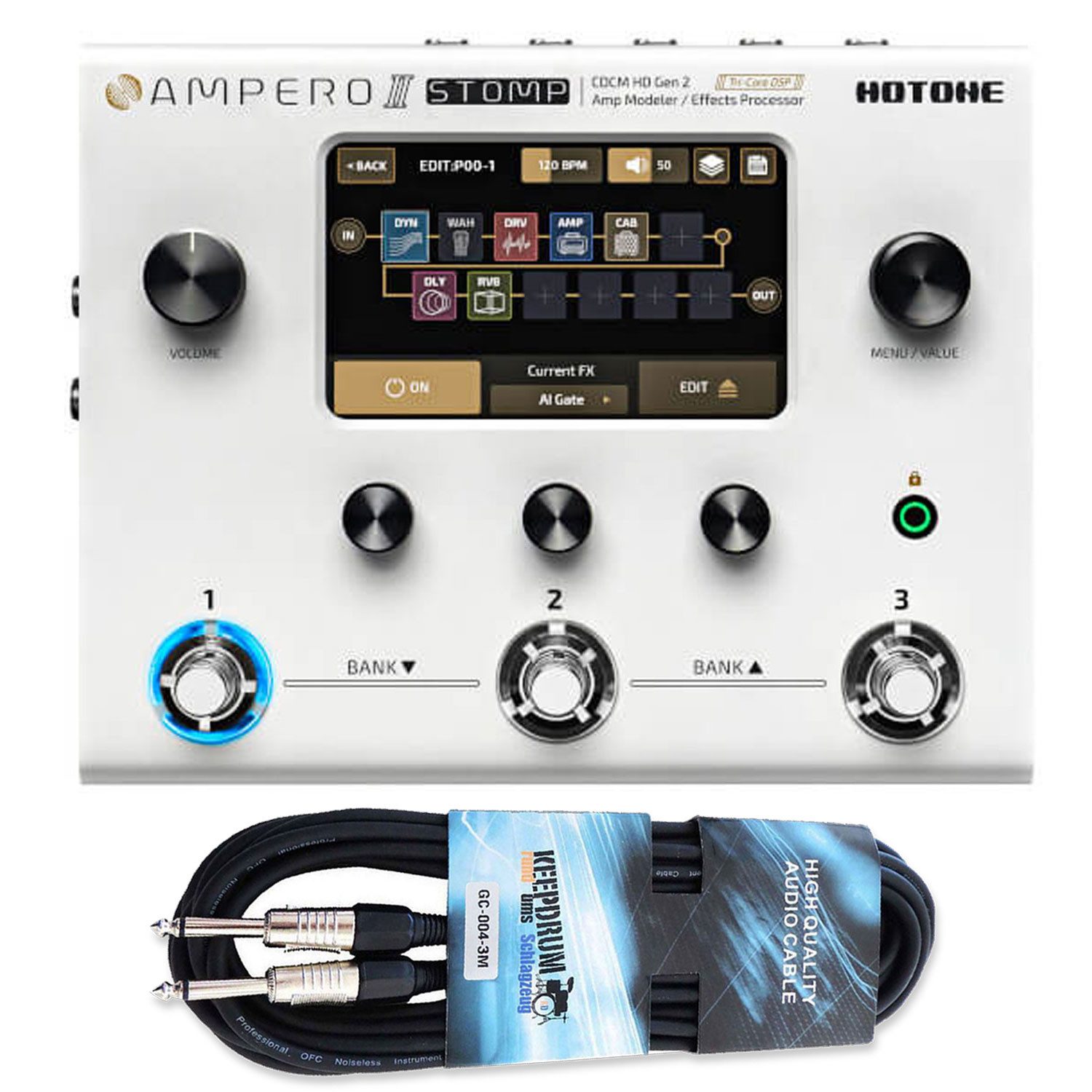 Hotone E-Gitarre Hotone Effektgerät Ampero II Stomp Amp-Modeler mit Kabel, Digital, 1-St., Multi-Effektpedal, Vorteils-Set mit Klinkenkabel