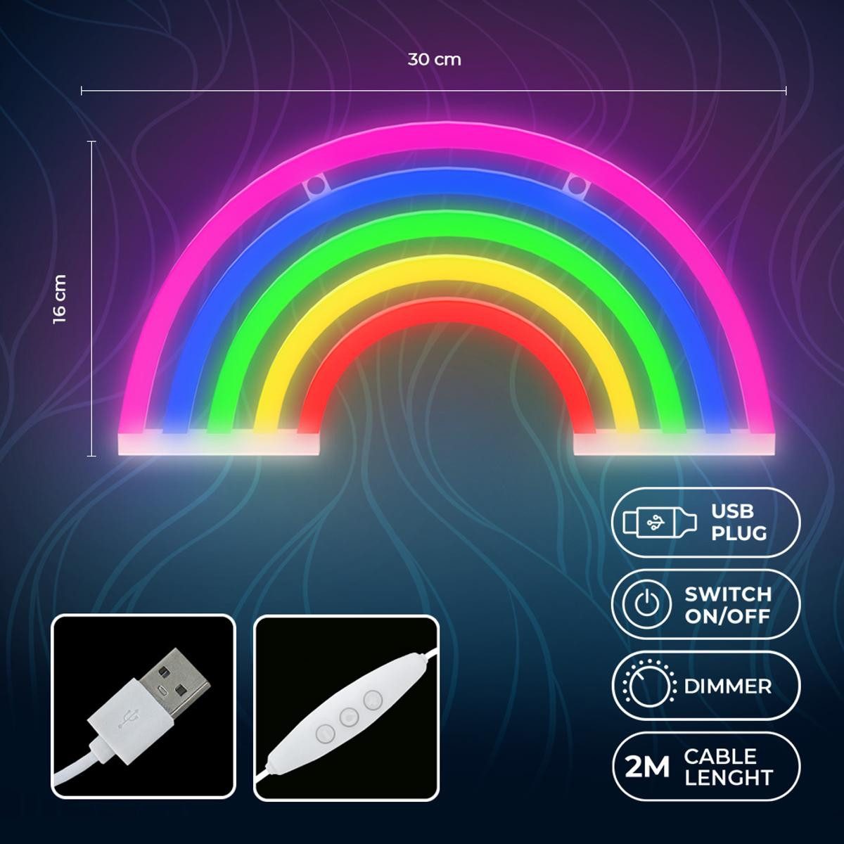 Forever Light LED Dekolicht Neon LED Leuchte "Regenbogen" 5 Farben – FLNE14X – Forever Light, LED fest integriert, Mehrfarbig, Dimmer, USB-Stromversorgung, Neon-Look