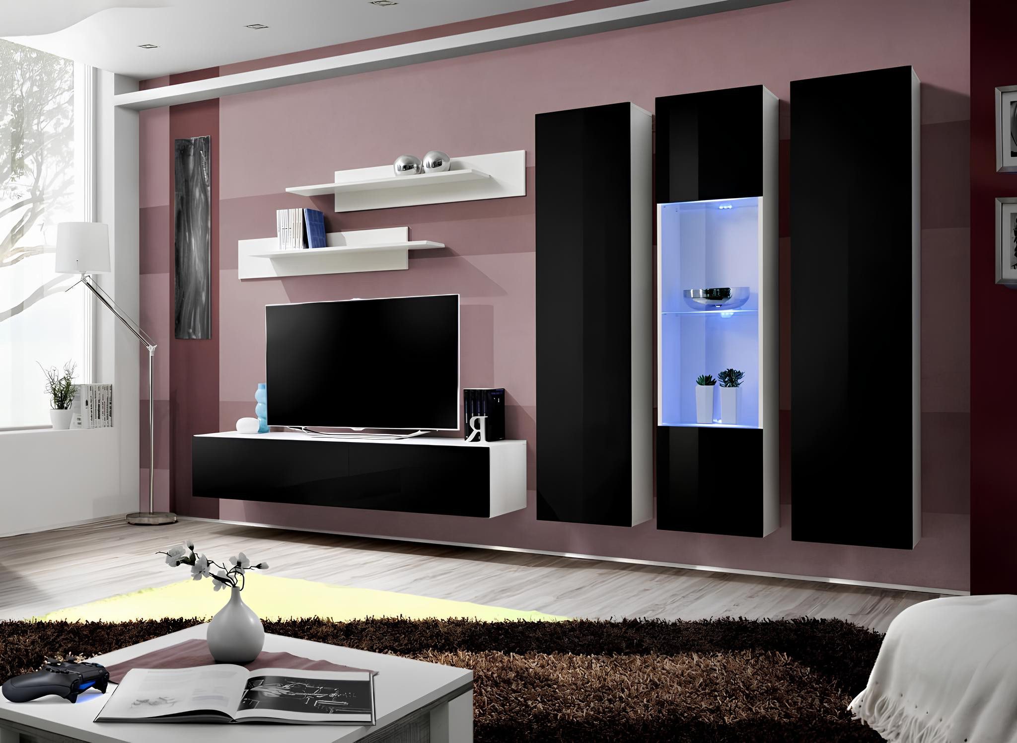 Xlmoebel Wohnwand Hängevitrine aus Holz für stilvolles Wohnen im Wohnzimmer, (7-St., 2x Wandregal, Wohnwand, Vitrine, 2x Wandschrank, TV Ständer), Hergestellt in Europa