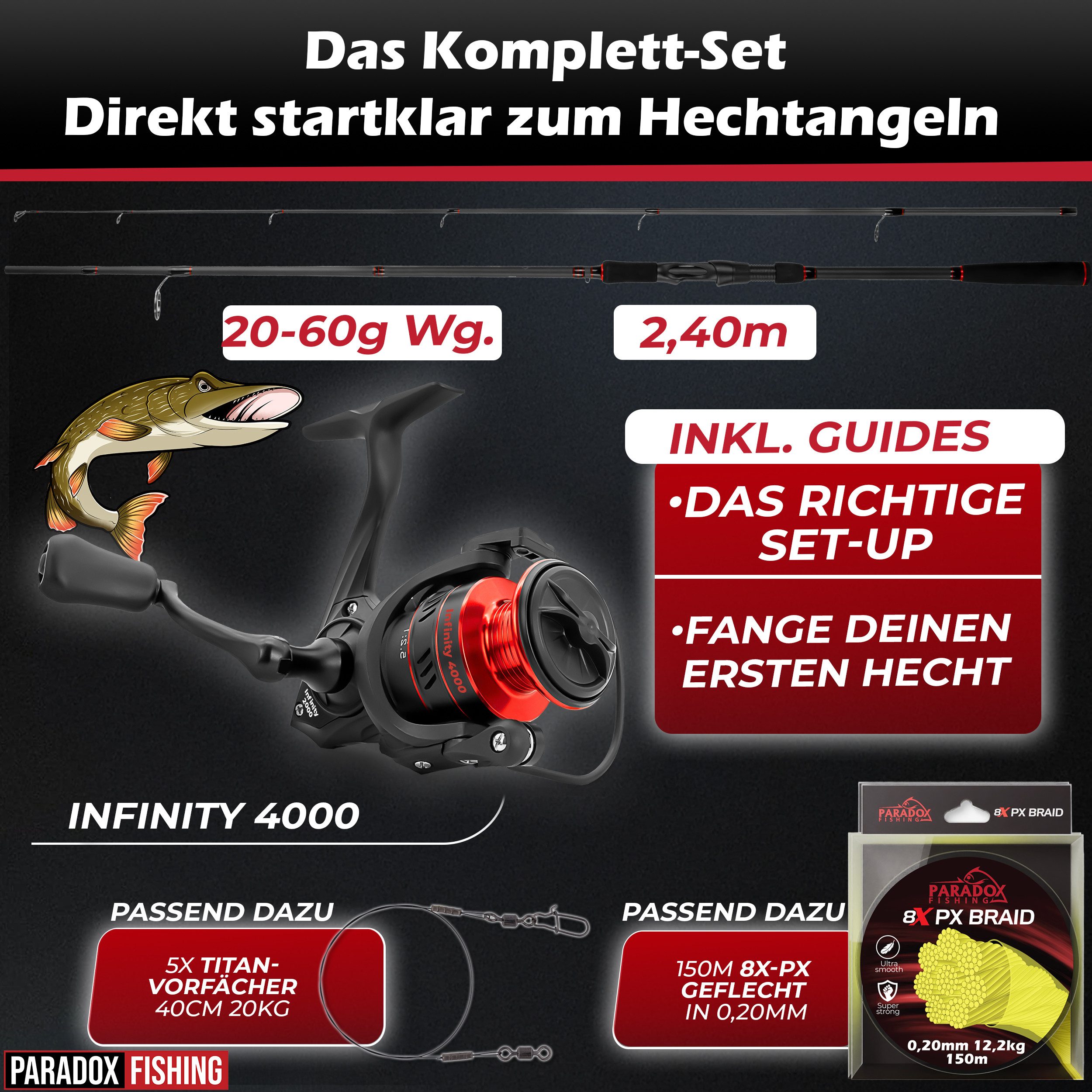 Paradox Fishing Spinnrute Hecht Komplett Set Firetiger Spinnrute 20-60g + 4000 Infinity Rolle, (Set, Rute + 4000 Rolle + Köderset), Komplett-Starterset