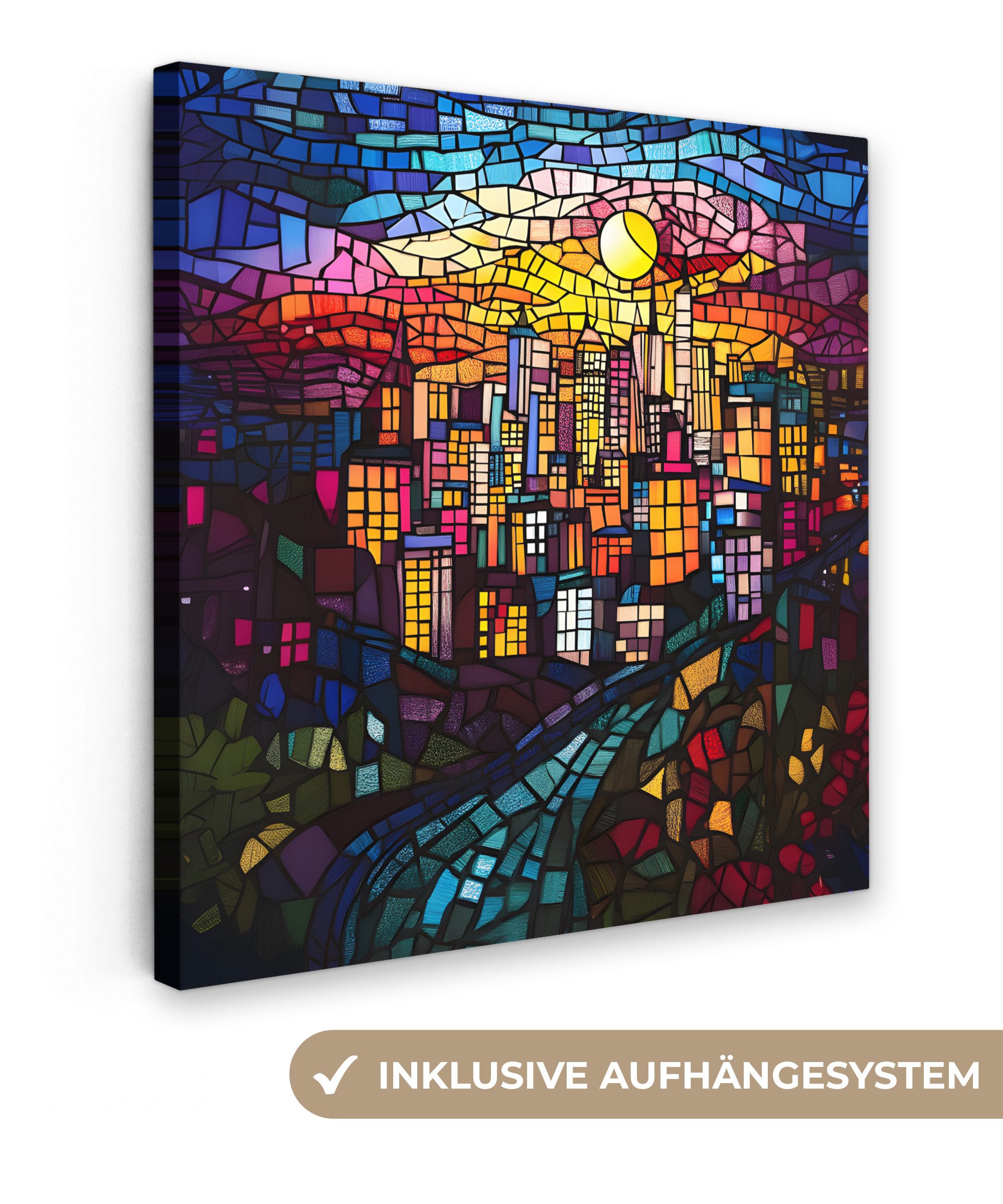 OneMillionCanvasses® Leinwandbild Stadt - Mond - Mosaik - Farbenfroh, Fotodruck (1 St), Wandbild, Deko Schlafzimmer Wohnzimmer Flur 20x20 cm