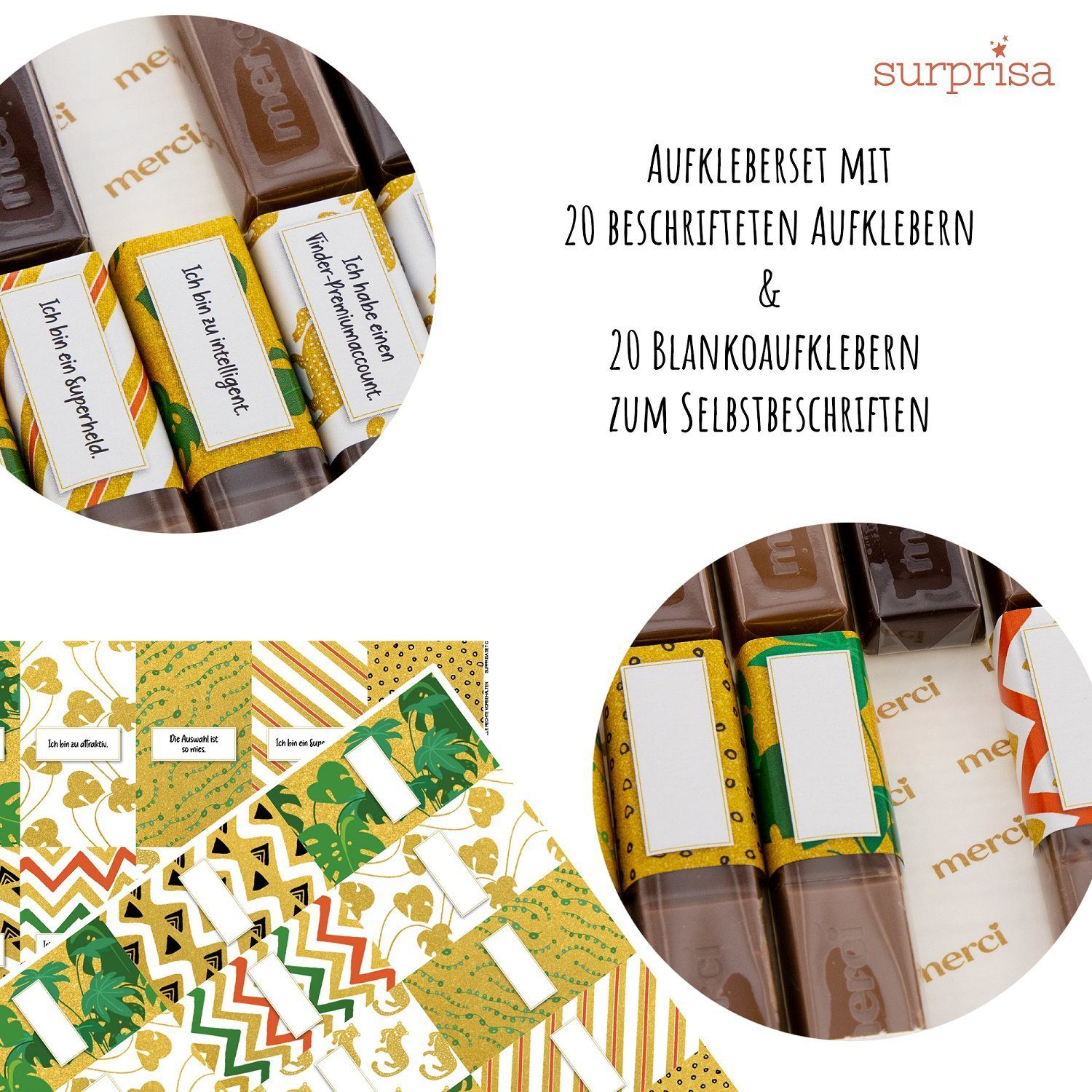 SURPRISA Aufkleber Aufkleber Set '20 Gründe' für Merci Schokolade, personalisierbare Sticker