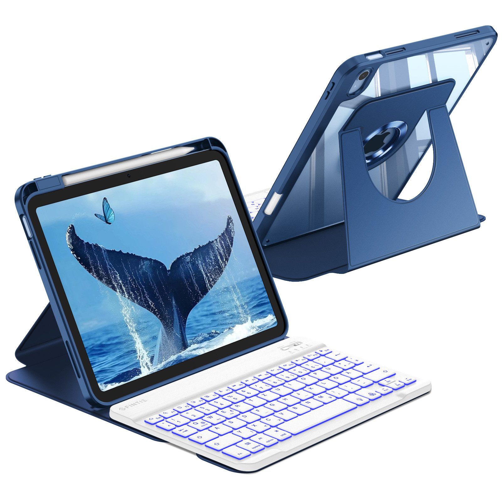 Fintie mit 360° drehbare Hülle für iPad A16 11/10. Generation 11/10,9 Zoll Tastatur (7-farbige Hintergrundbeleuchtung magnetisch Bluetooth-Tastatur)