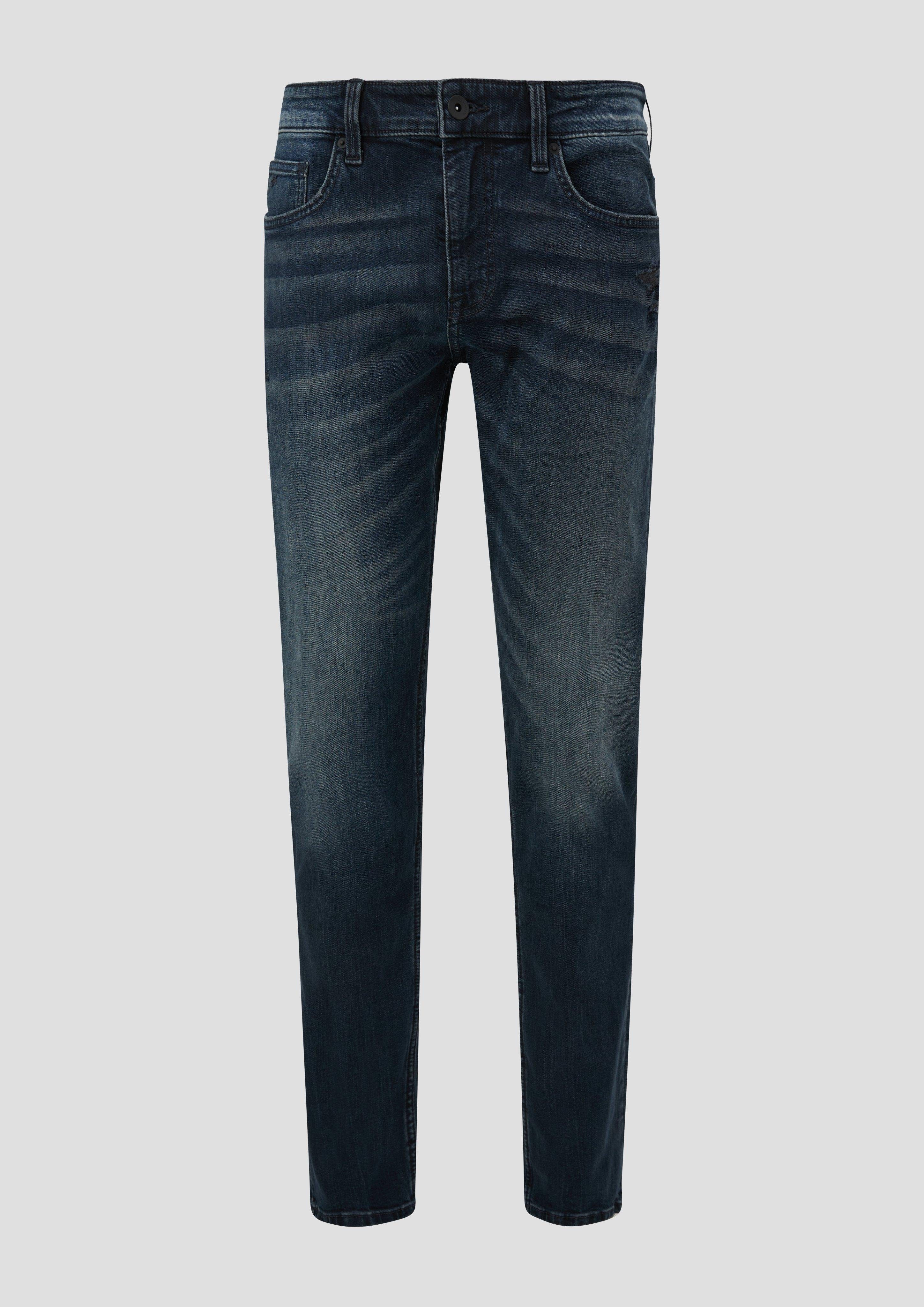 QS Stoffhose Jeans Rick / Slim Fit / Mid Rise / Slim Leg Waschung, Label-Patch, Destroyes