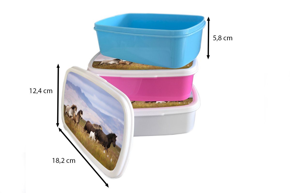 MuchoWow Lunchbox Pferde - Erwachsene, Gras (2-tlg), Berge, Kunststoff, - Kunststoff Brotdose Mädchen, Brotbox Kinder, für Snackbox, rosa