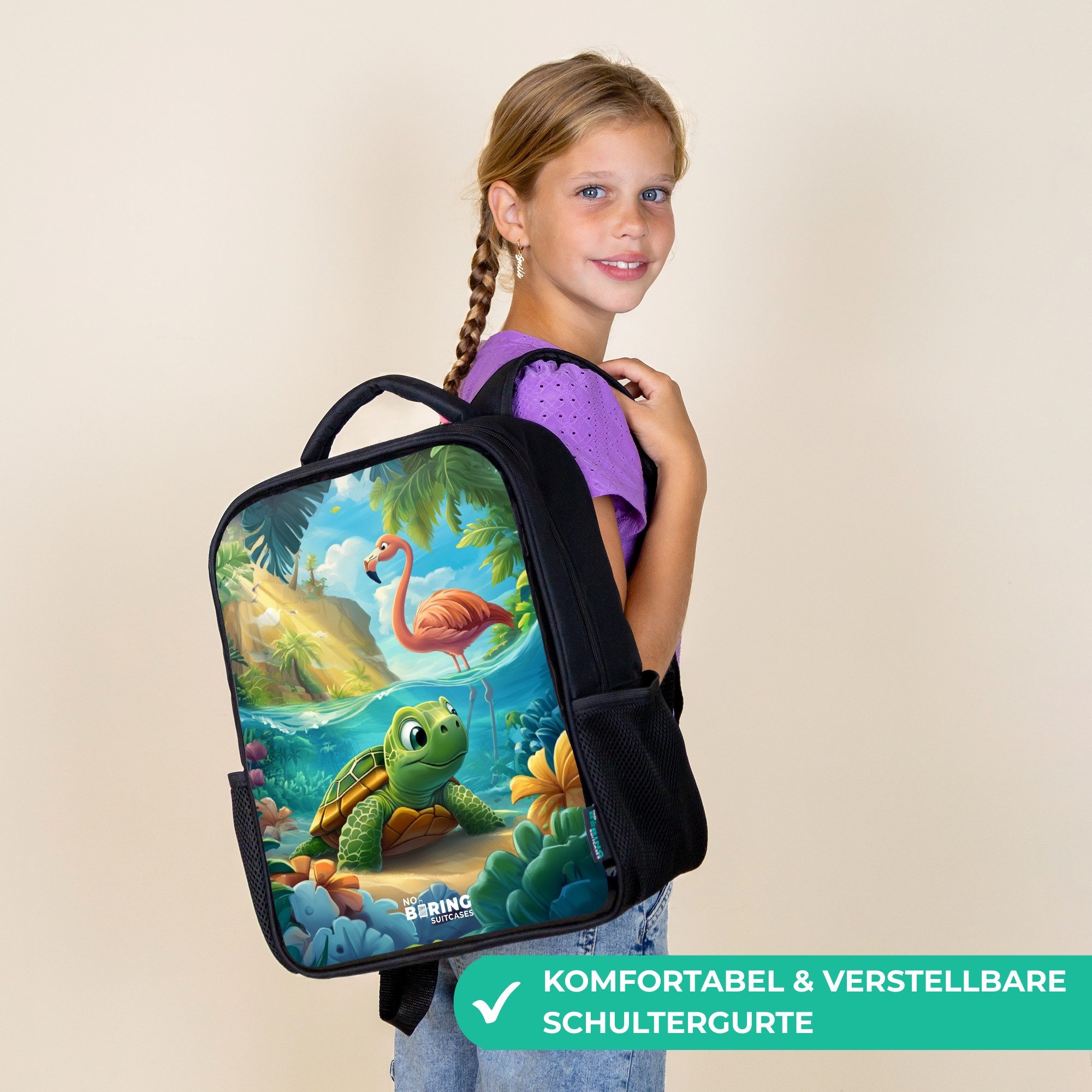 NoBoringSuitcases.com© Rucksack Schildkröte in tropischem Wasser mit Flamingo, Kinderrucksack Schwarz, Schulrucksack, Freizeitrucksack Jungen Mädchen