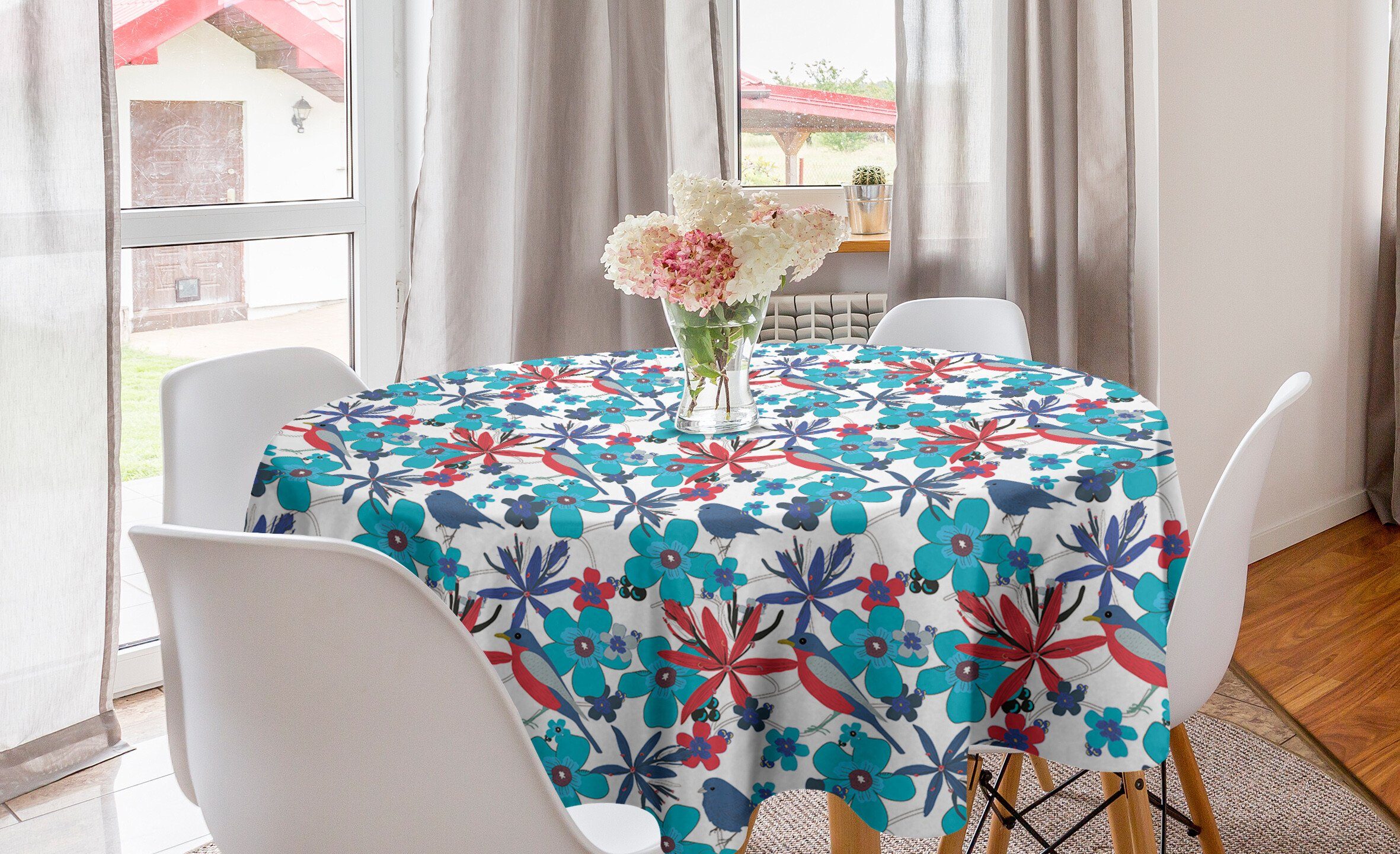 Abakuhaus Tischdecke Kreis Tischdecke Abdeckung für Esszimmer Küche Dekoration, Vögel Zweige und kleine Vögel