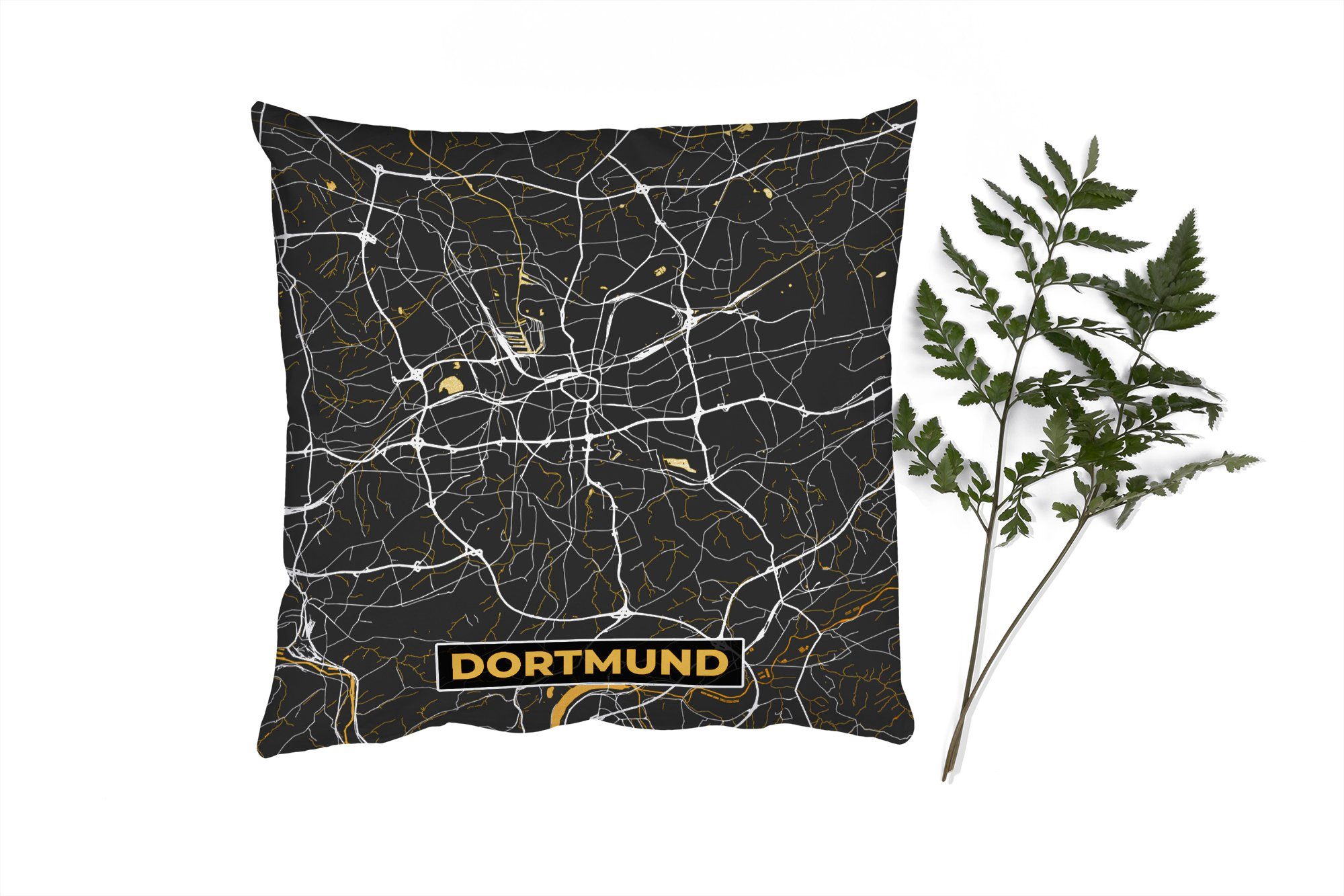 MuchoWow Dekokissen Dortmund - Gold - Deutschland - Karte - Stadtplan, Zierkissen mit Füllung für Wohzimmer, Schlafzimmer, Deko, Sofakissen