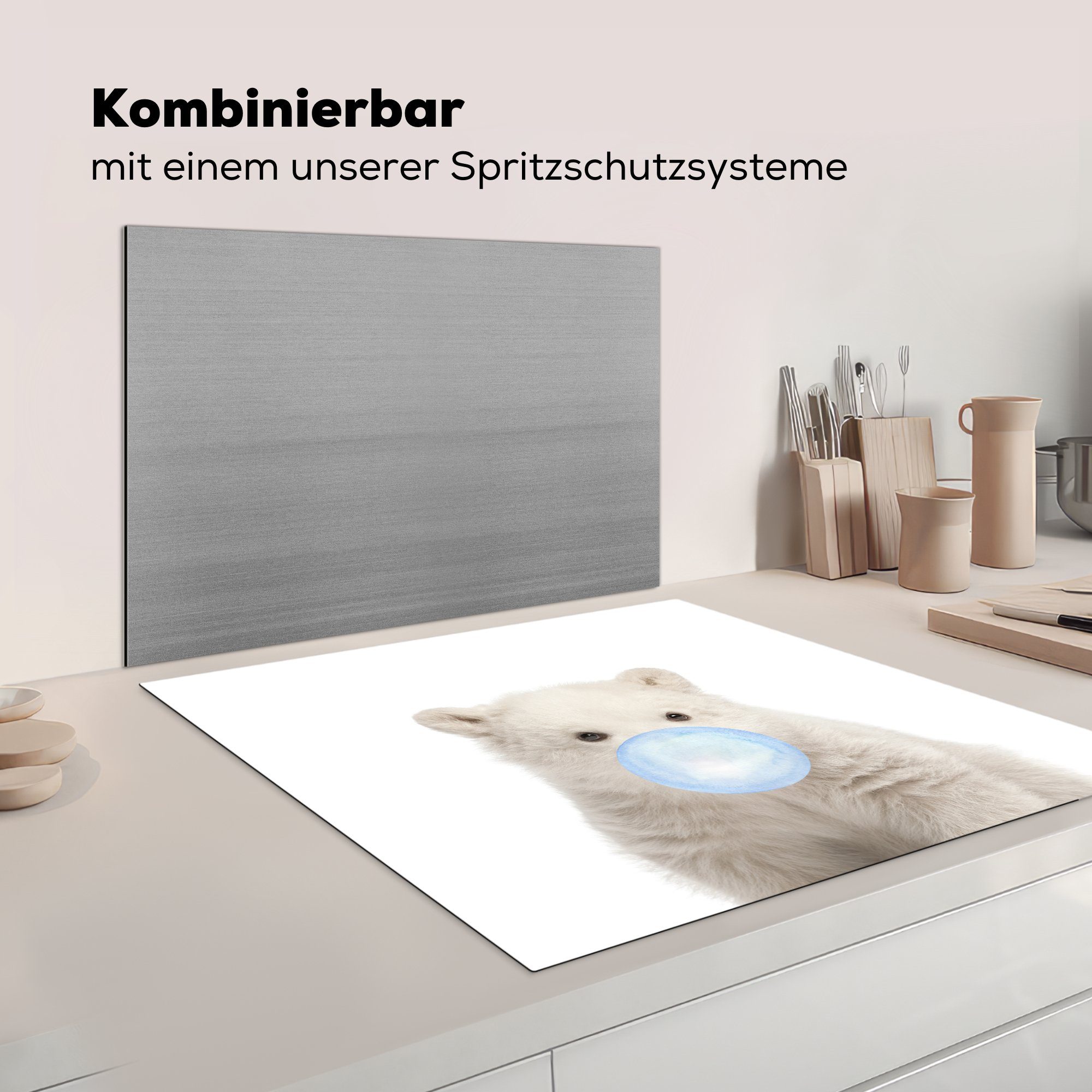 Kaugummi, küche Arbeitsplatte - - Tiere für tlg), - - Vinyl, MuchoWow (1 Ceranfeldabdeckung, - Eisbär 78x78 Jungtier cm, Junge Herdblende-/Abdeckplatte Blau