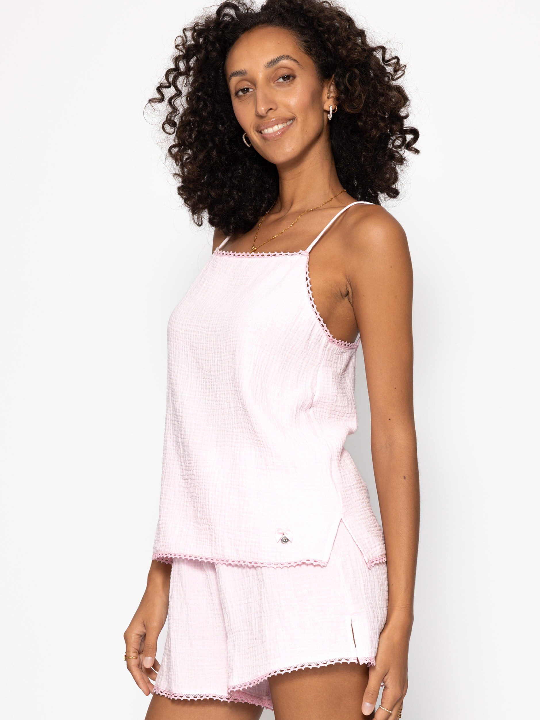 SASSYCLASSY Pyjamaoberteil Musselin Pyjamatop mit Spitzenborte für Damen Leichtes Top aus Musselin mit Schleifendetail Rosa Blau Gelb Weiß