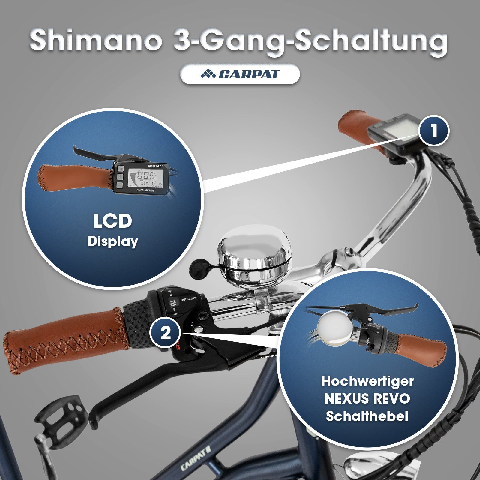7 Shimano CARPAT Geschwindigkeitsstufen City Cityrad E-Bike 4 mechanisches Gang SL-TX30 Schaltwerk, Bremssystem Zoll Blau 28 SPORT 250 W, 36V Elektrofahrrad