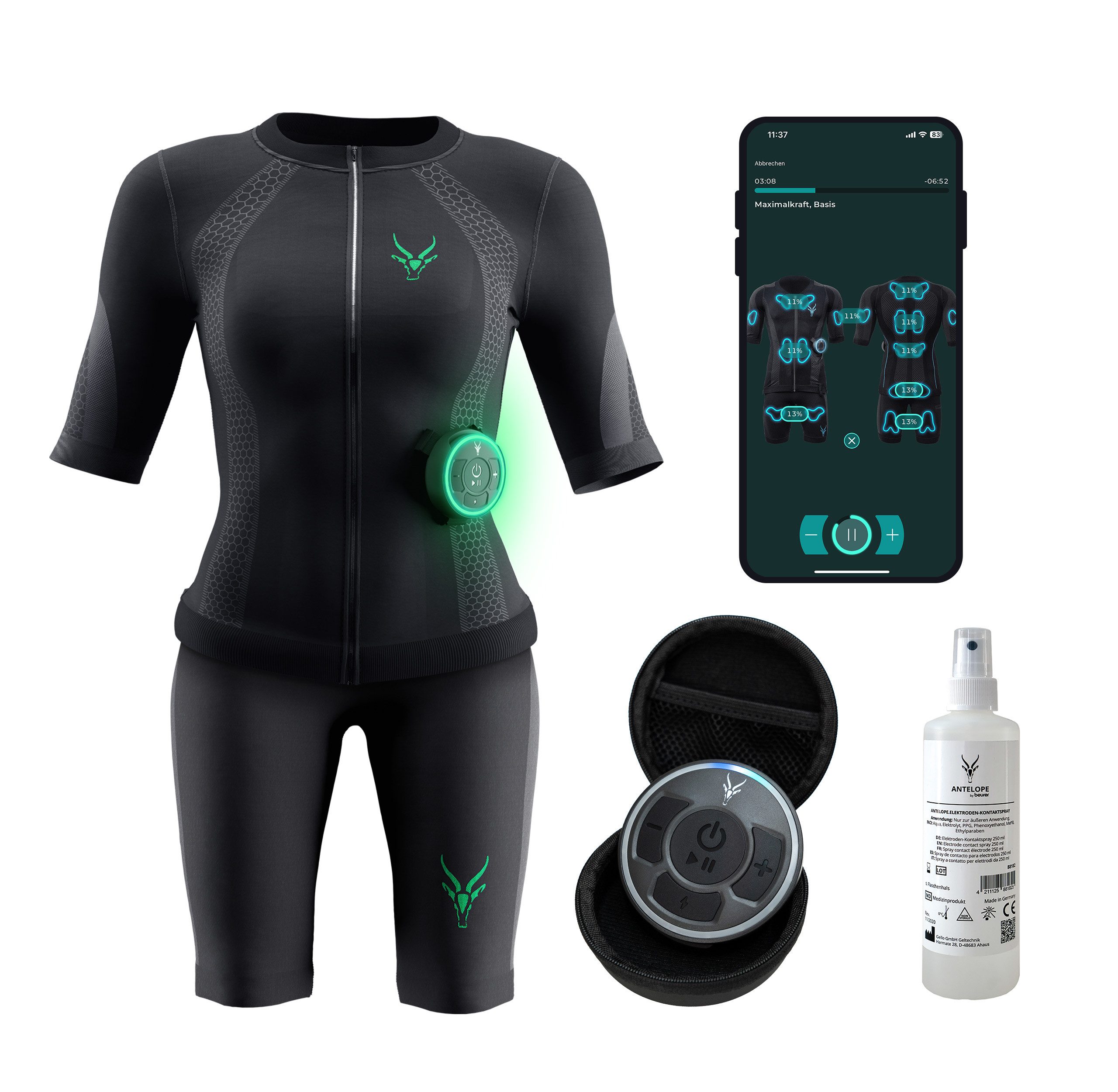 Antelope by Beurer EMS-Gerät EMS Anzug Frauen EMS Komplettsystem Training zur Muskelstimulation, XS-XL, Shirt und Short, 18 Elektroden, inkl. App mit 40 Programmen