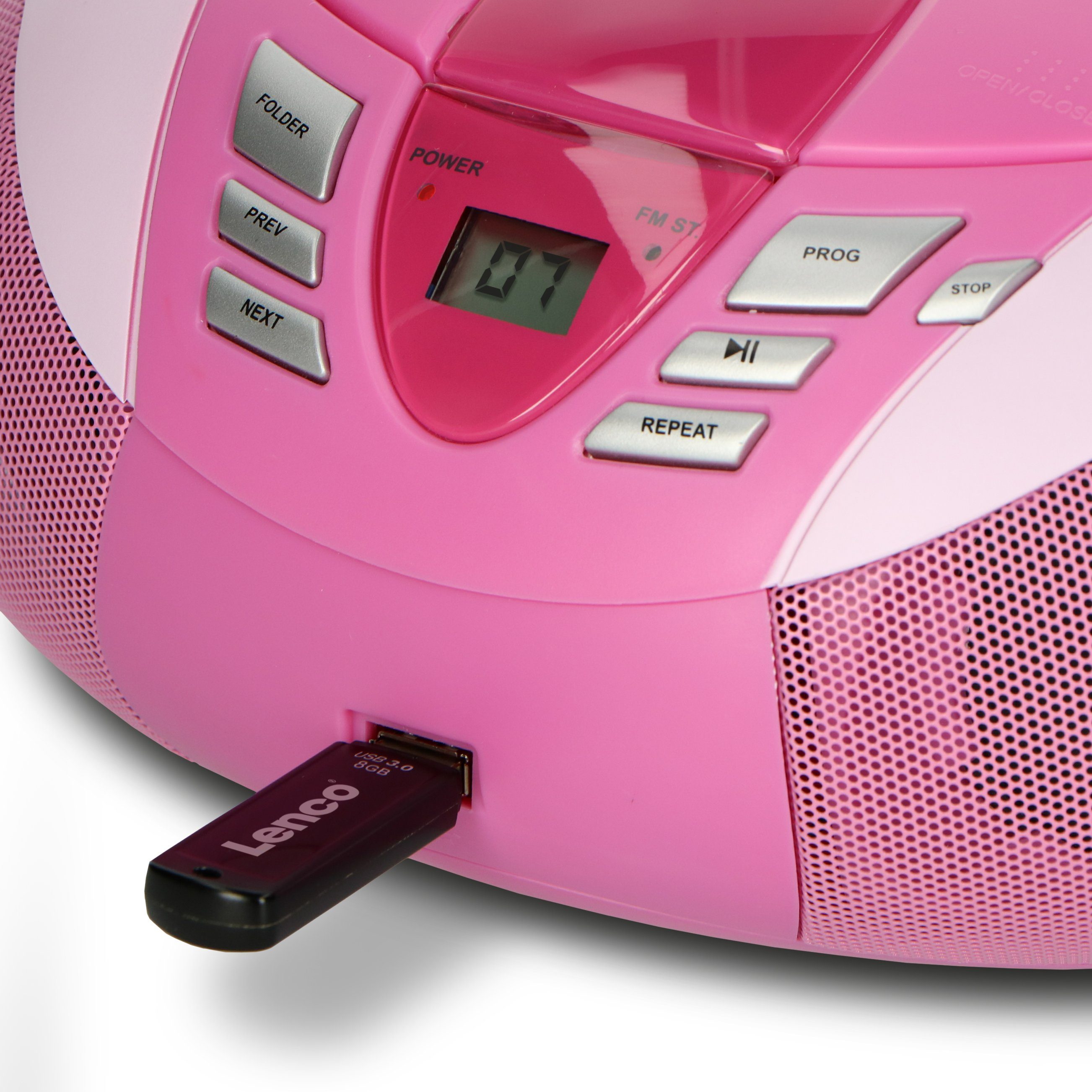 Lenco SCD-37 USB Pink UKW-Radio (FM, 3 W, USB- & AUX-Eingang, flexibel mit Strom- oder Batteriebetrieb in Pink) – Bild 4 von 5