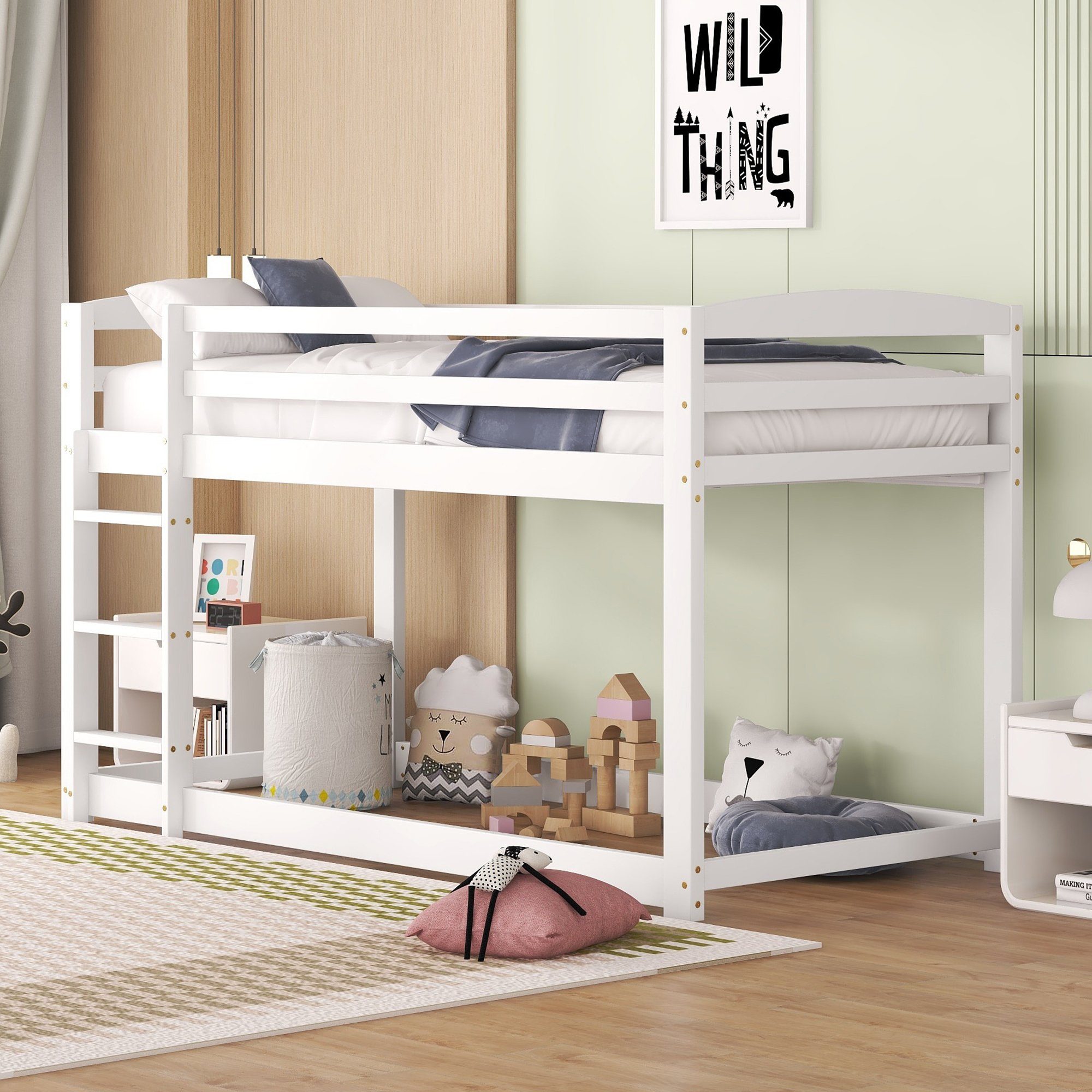 OKWISH Etagenbett 90x200 cm in Weiß, vielseitig als Kinder-, Jugend- oder Gästebett (90x200cm, 1-St., Hochbett mit Leiter aus Massivholz Kiefer/MDF), Ohne Matratze – für langjährigen Spiel- und Schlafspaß