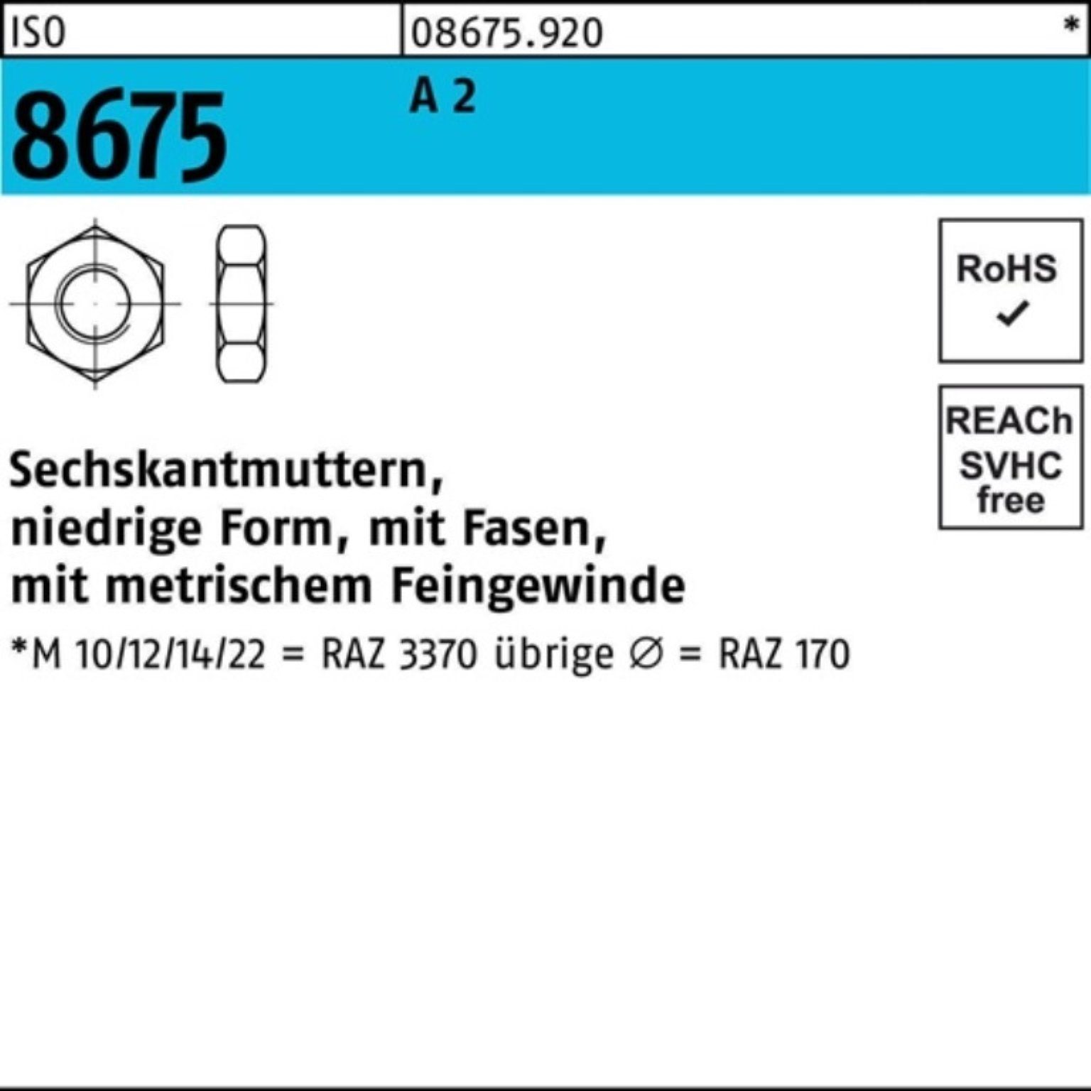 8 Stück ISO ISO Reyher 25 Fasen 1,5 A Pack Sechskantmutter M14x 8675 Muttern 2 100er