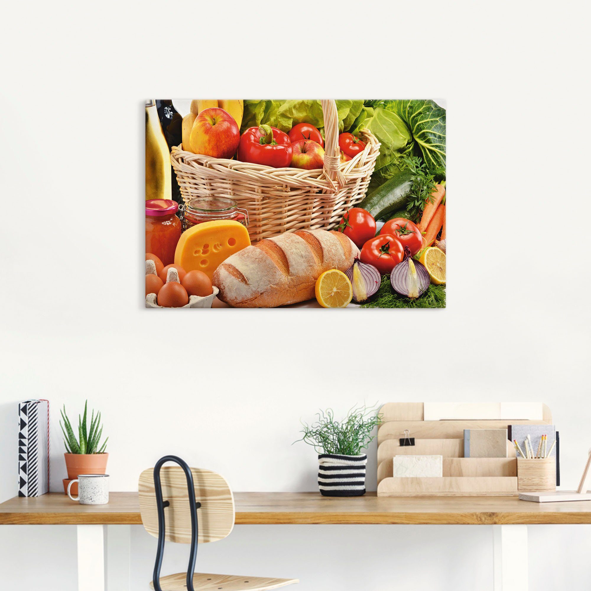 Artland Leinwandbild Gesund Leben - Obst und Gemüsekorb, Lebensmittel (1 St), auf Holzrahmen gespannt