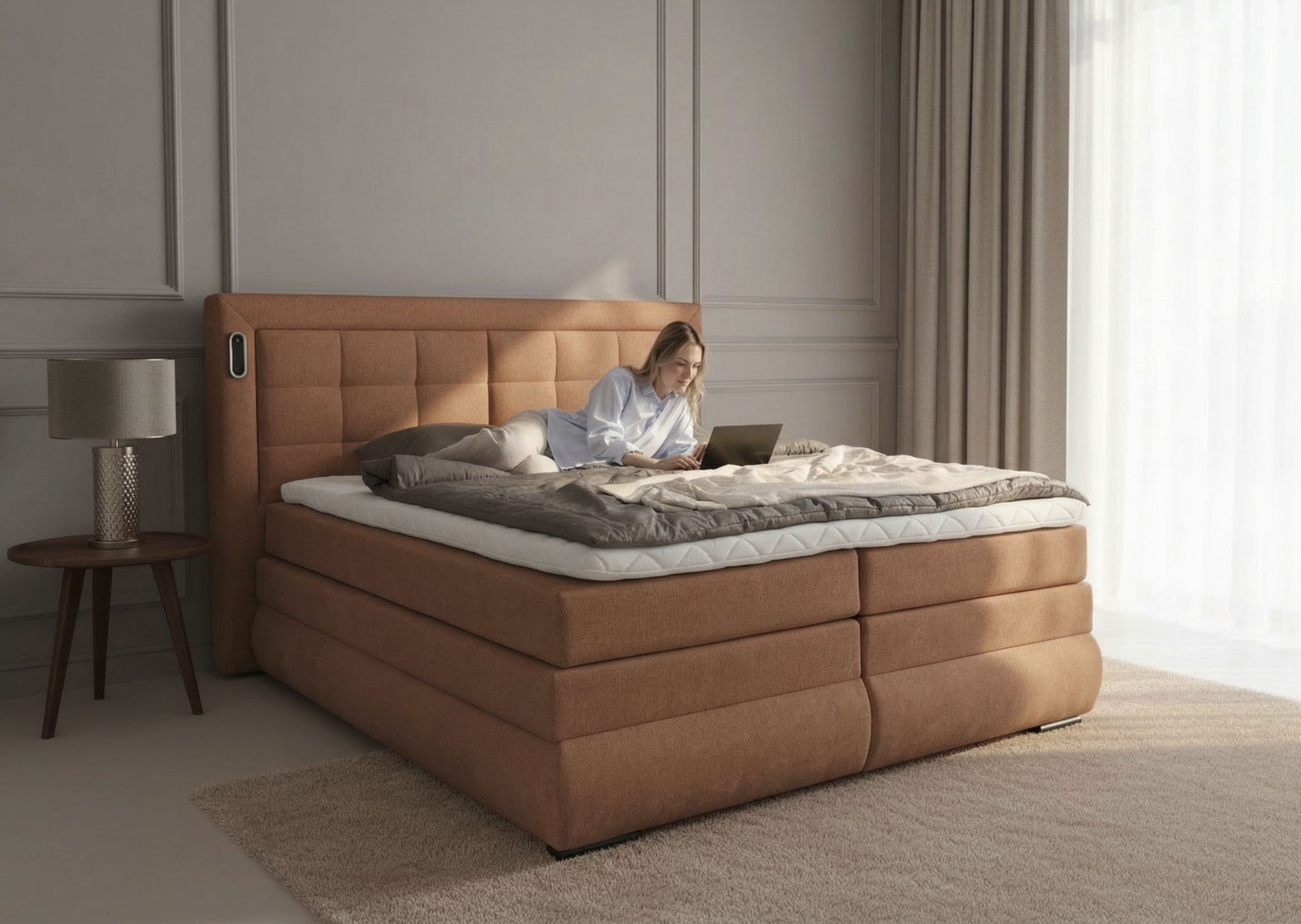 OTTO home Boxspringbett MIVVA mit Bettkasten, mit Taschenfederkernmatratze H3, H3/H4 mix, H4 (mit hochwertigem Strukturstoff, wahlweise mit LED-Leuchten), mit K – Bild 5 von 5