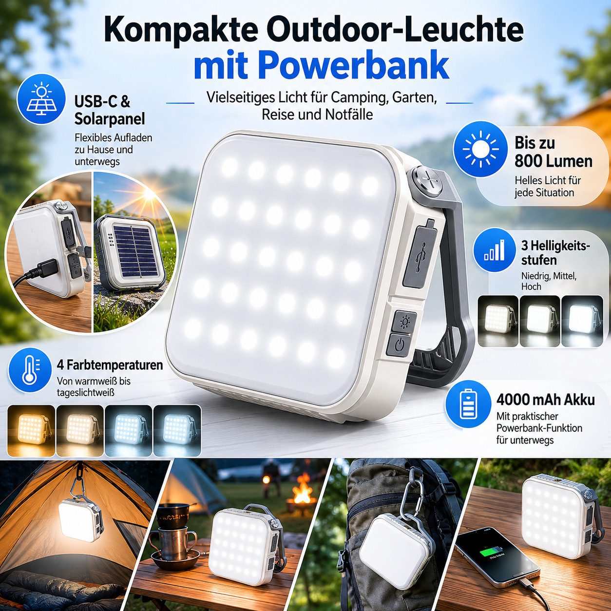 Tekoo LED Laterne LED Solar Campinglampe & Powerbank 4000mAh, 800 Lumen, Dimmbar IPX4, LED fest integriert, Warmweiß, Neutralweiß, Tageslichtweiß, Kaltweiß, Solarpanel, Powerbank-Funktion, IPX6 Wasserdicht, Dimmbar
