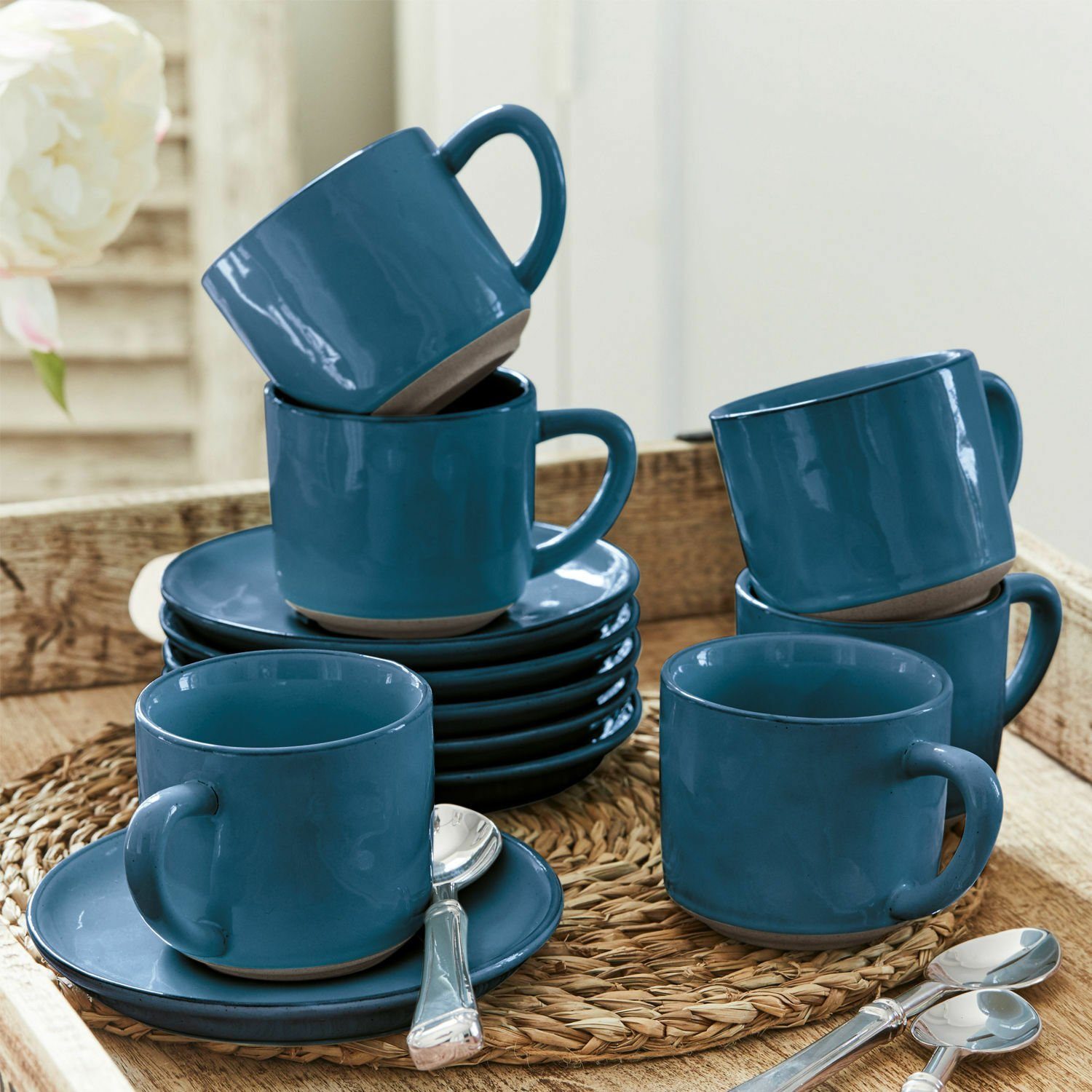Mirabeau Geschirr-Set Tasse mit Untertasse Steinzeug 6er Biarré Set blau