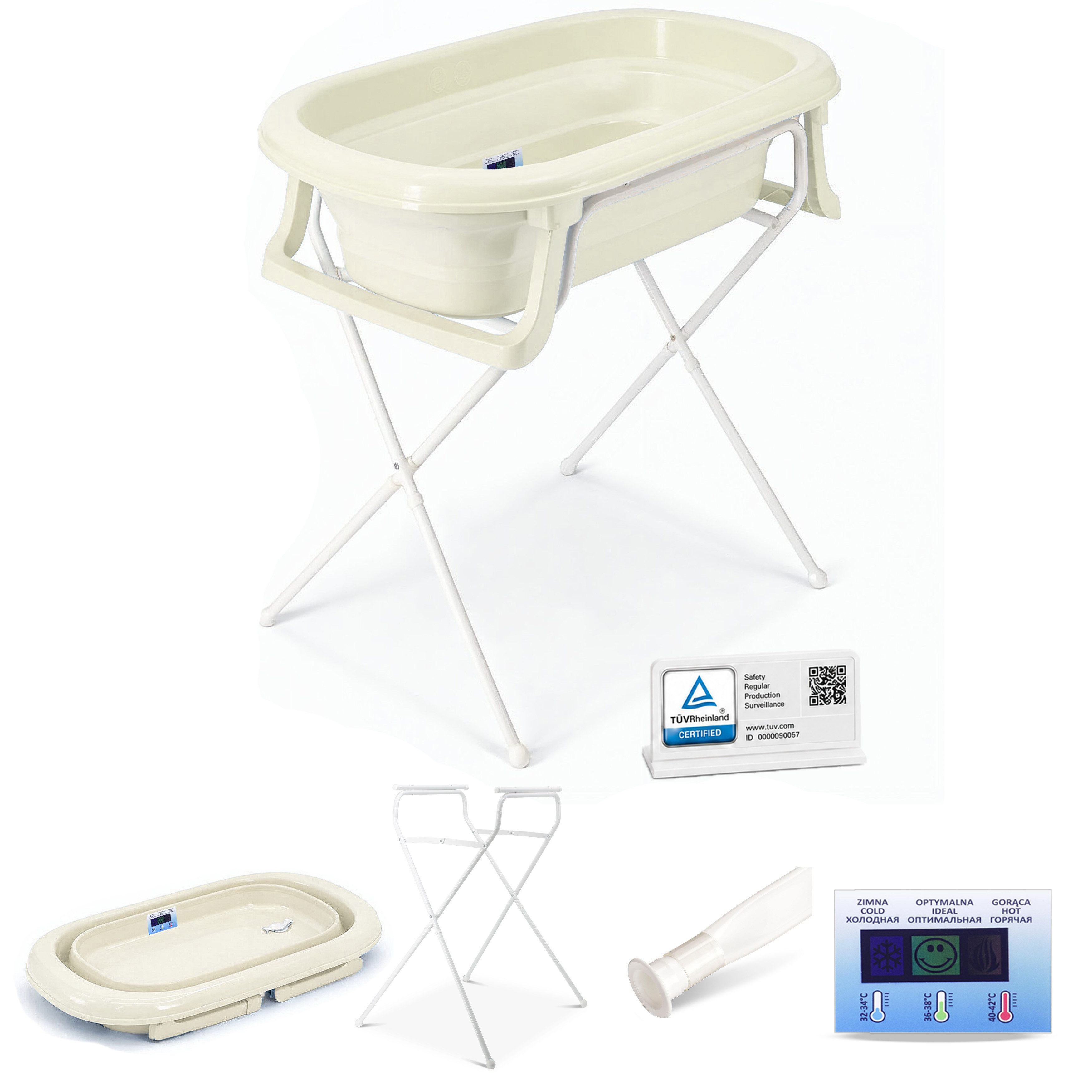 Babykajo Babybadewanne TÜV geprüft, (Set, 4-tlg), Babywanne faltbar mit Ständer, Abflussschlauch und Thermometer