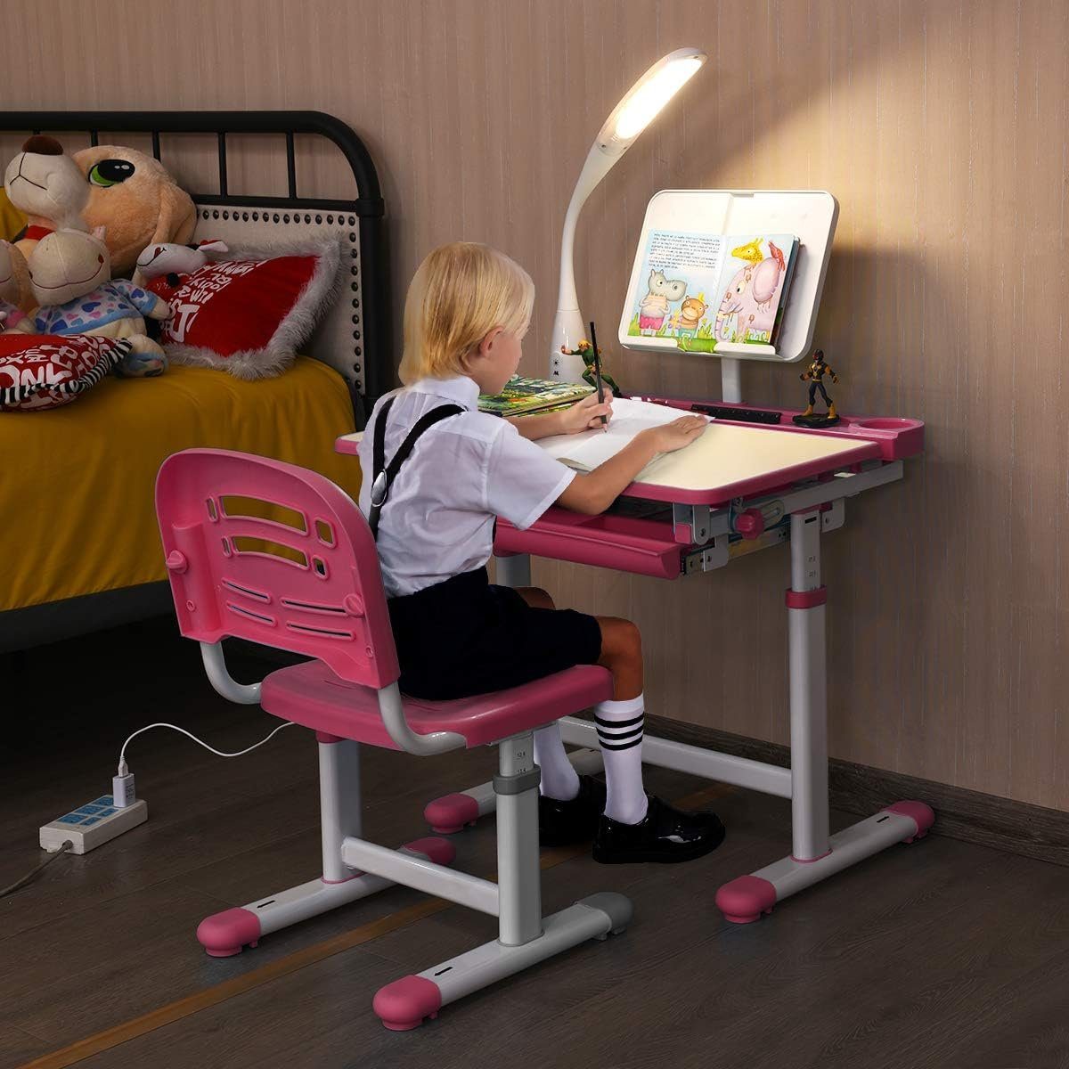 KOMFOTTEU Kinderschreibtisch höhenverstellbar Stuhl mit & Lampe Rosa (Set)
