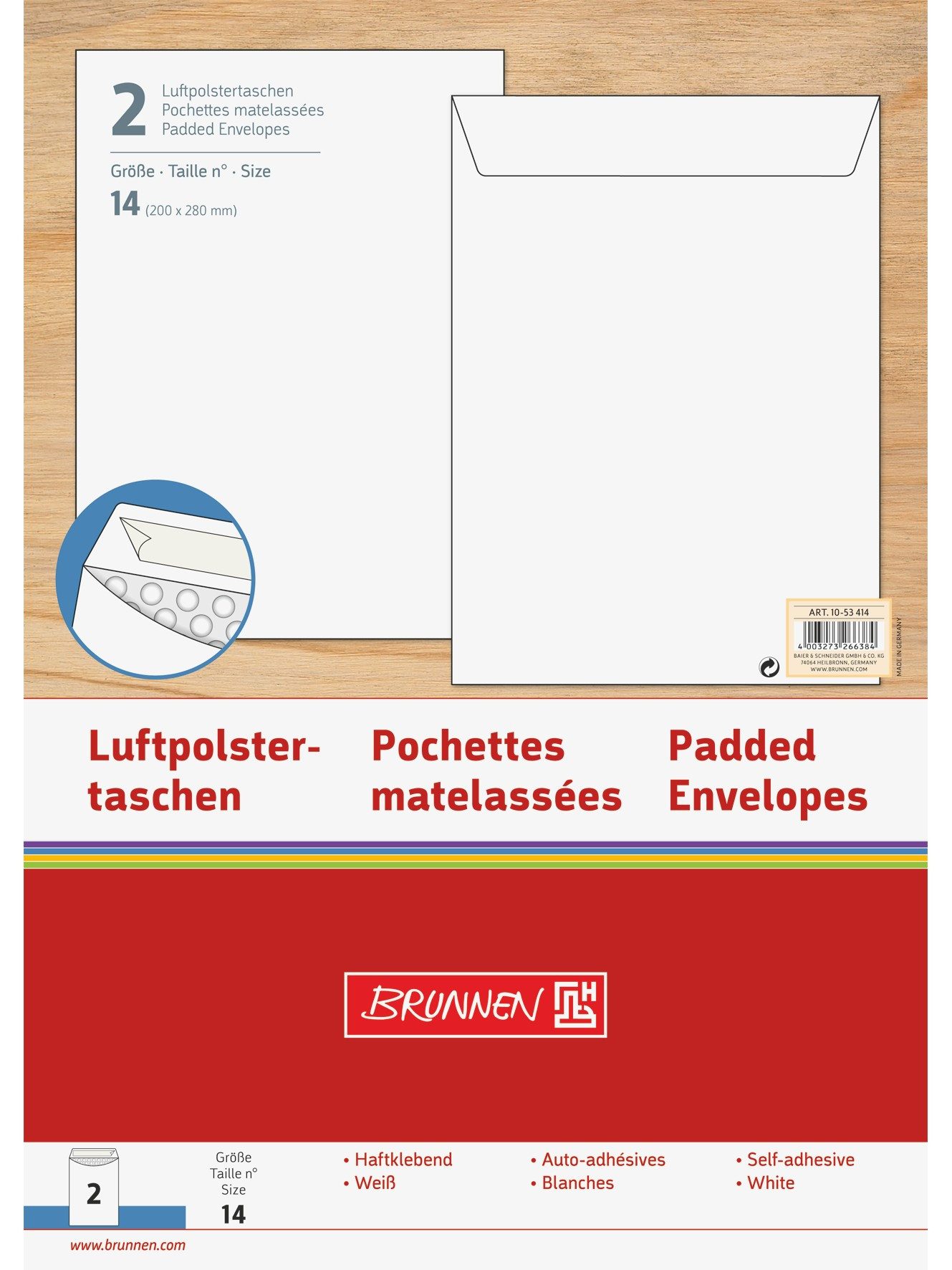 Baier & Schneider Versandtasche Luftpolstertaschen Kraftpapier weiß 2 Stück Gr 14, Haftklebung mit Abdeckstreifen