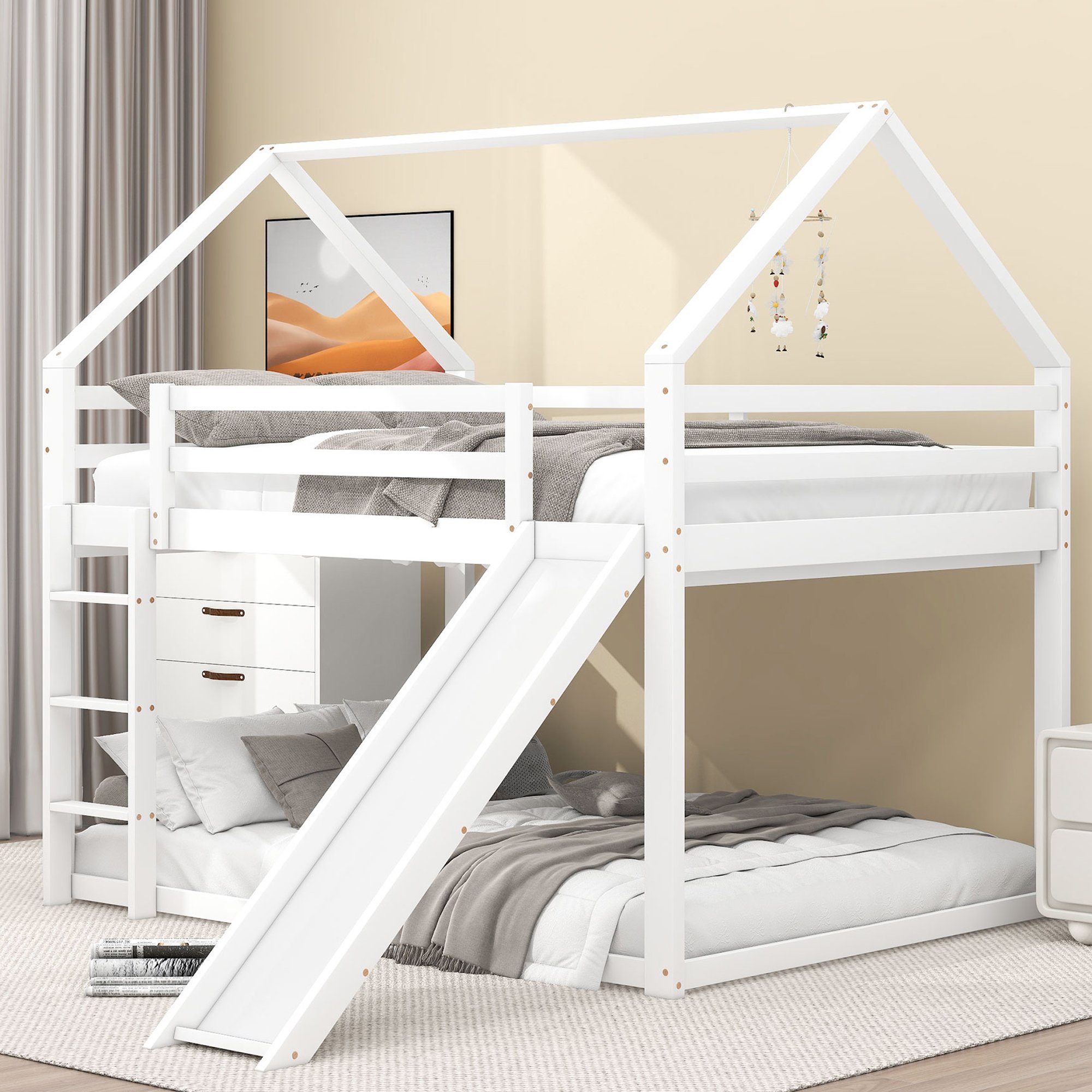 Celya Kinderbett Doppelbett Hausbett Etagenbett 140x200cm mit Rutsche und  Leiter, Kinderzimmer Hoch-Doppel-Stockbett
