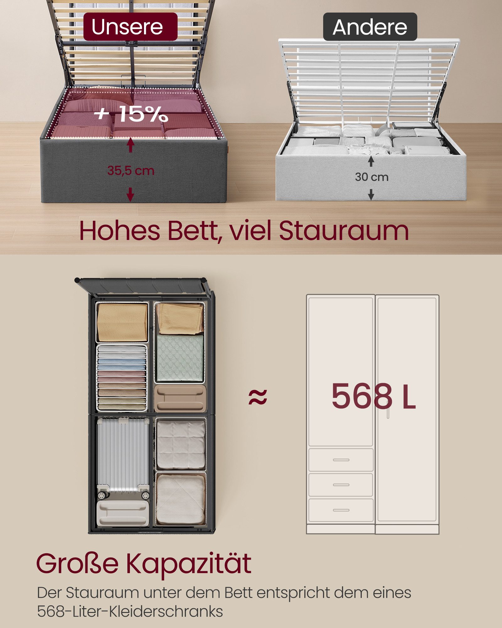 VASAGLE Polsterbett (90 x 200 cm, Hydrauliksystem, hochtragfähig), Bettrahmen, klappbar Lattenrost, Stauraum, in 3 Größen verfügbar