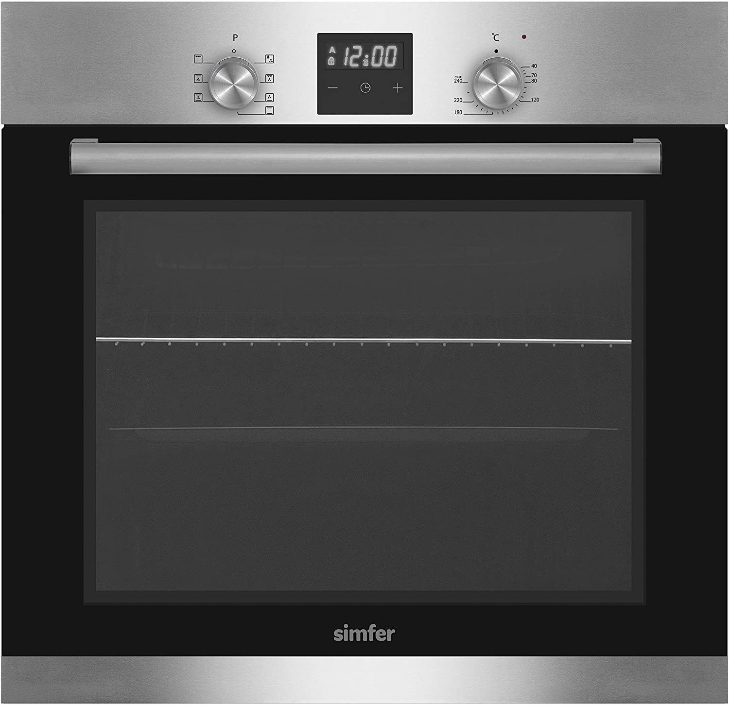 Simfer Einbaubackofen SMF-BO 6029, 60 Liter, 7 Funktionen, 60 cm, 2-fach Verglasung, mit Teleskopauszug nachrüstbar, Digitaler Timer mit Touch Control, Seitengitter, Emaillierter Garraum