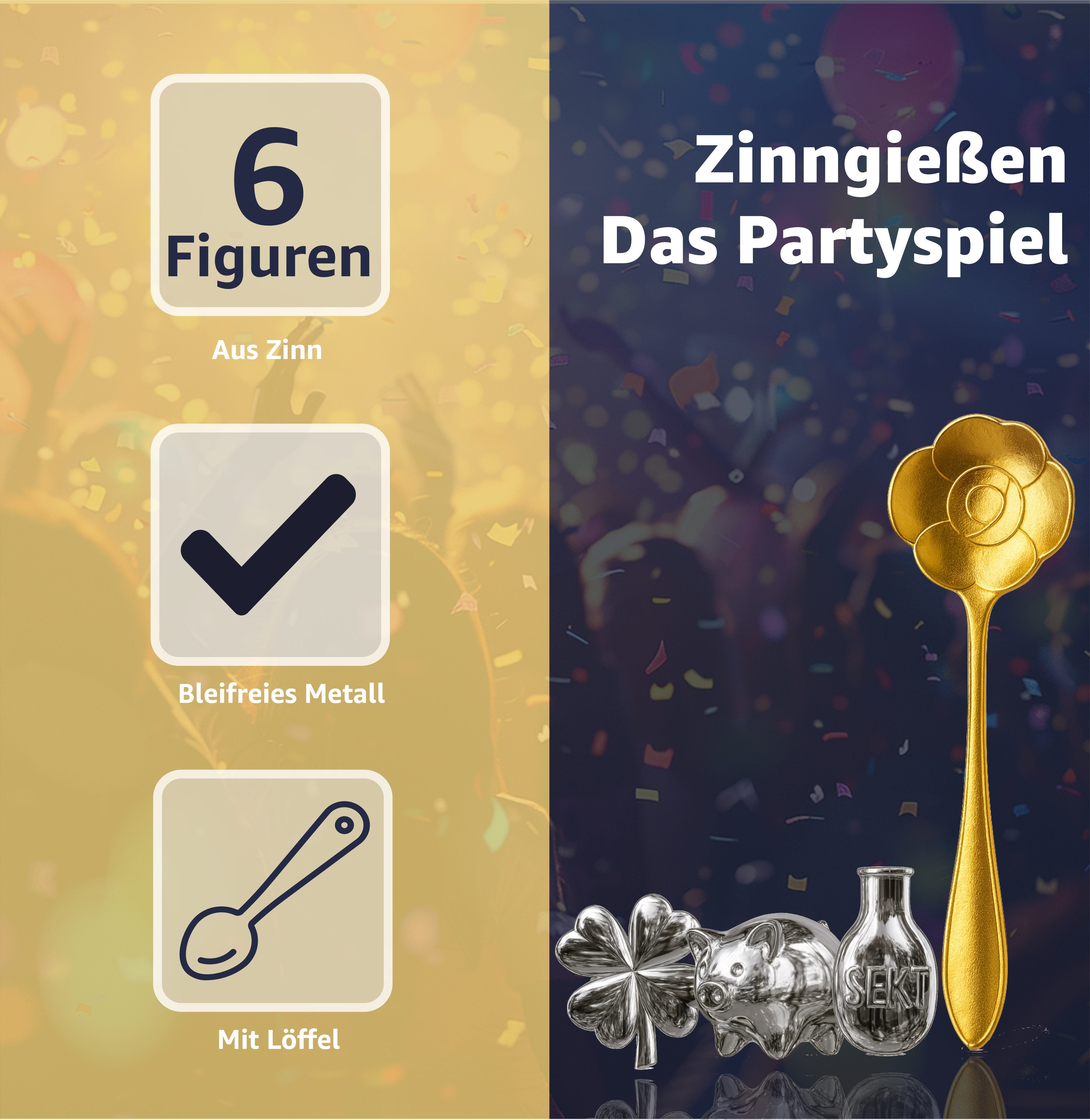 happy sparks® Spiel 6er Zinngießen Set - Alternative zu Bleigießen mit 6 Figuren & Löffel, Gesellschaftsspiel, ungiftig