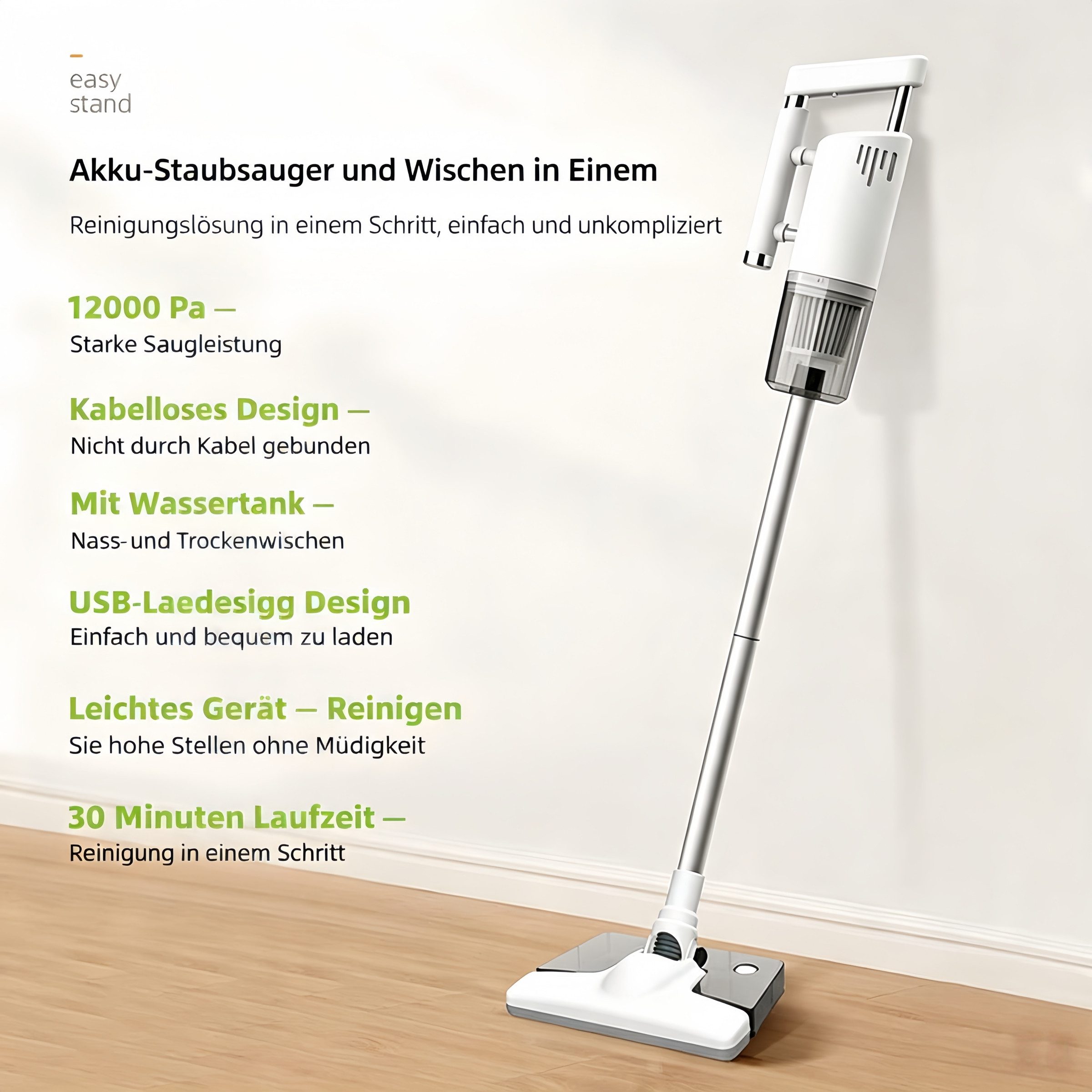 INSE Stielstaubsauger X56-3 Kabelloser Hand- u. Bodenstaubsauger Mehr-in-1 120W Nennleistung, 120 W, beutellos, 2500mAh Akku bis 30 Min Laufzeit komplettes Zube – Bild 4 von 5