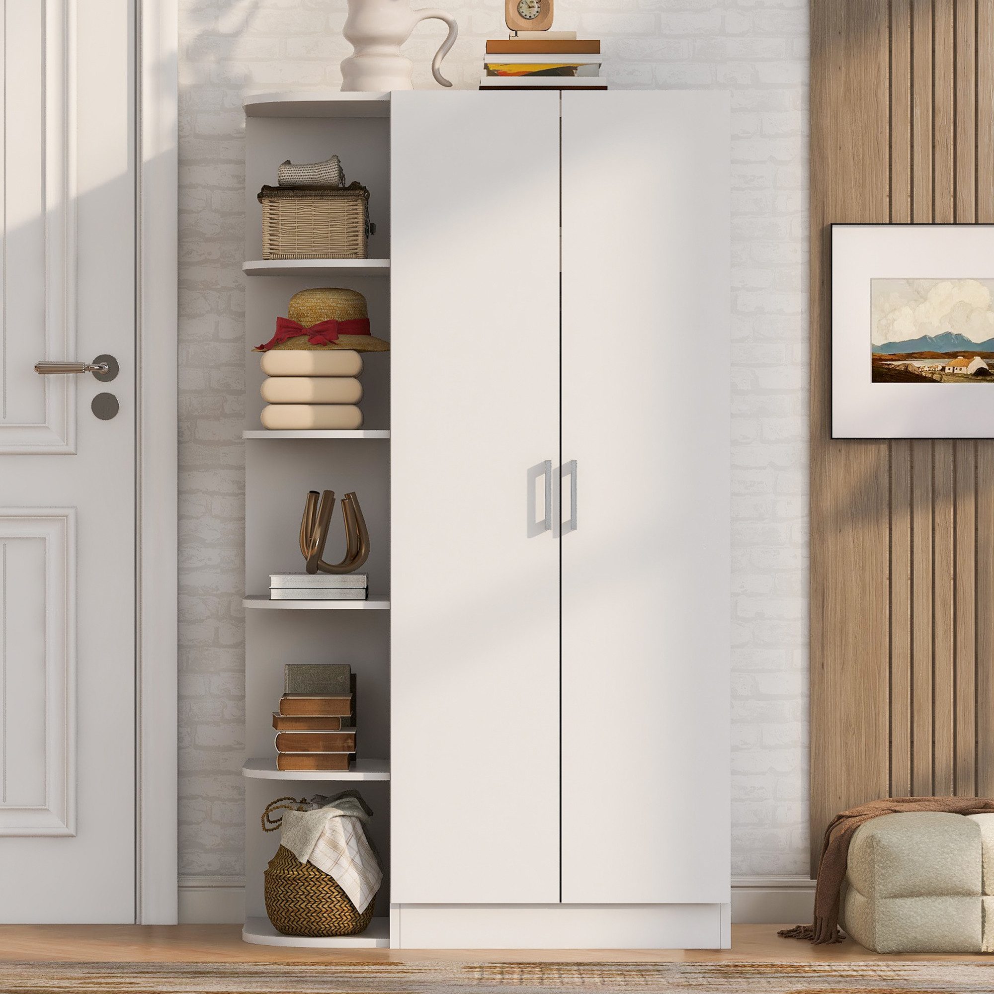 HAUSS SPOLE Kleiderschrank mit Regalböden,Garderobenschrank mit Doppeltür und Schubladen,Weiß (90x55x170cm Mehrzweck-Schrank mit Kleidung- und Schuhablage für Kleidung) Aufbewahrungsschrank mit Stauraum
