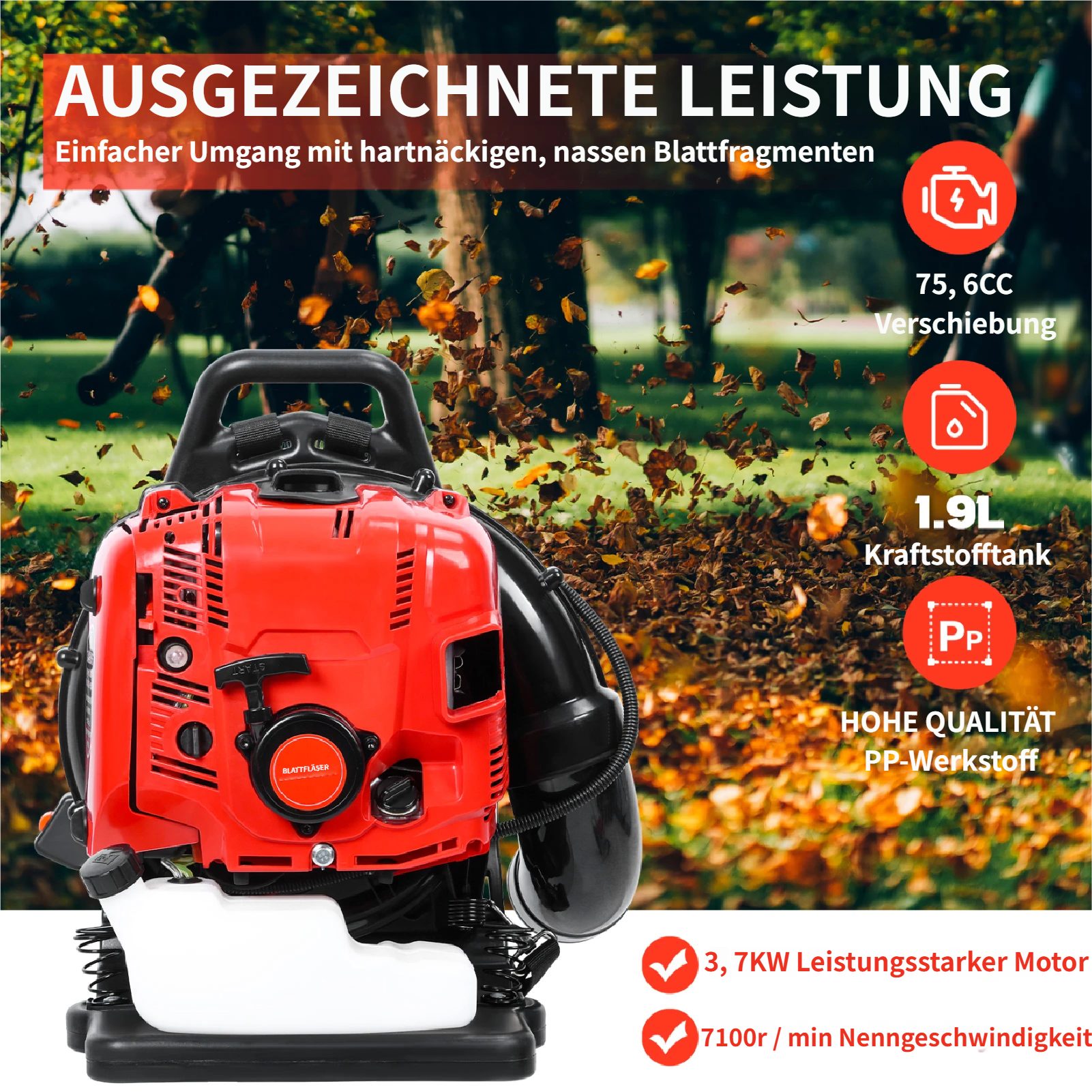Rutaqian Benzin-Laubbläser Laubbläser, 75.6 CC 4-Takt Rucksack-Benzin-Laubbläser,Schneegebläse, (bis zu 750 CFM und 210 MPH, variable Geschwindigkeit, Tempomat (rot), 1 St., Doppelblasfunktion Benzinbetriebener Rucksack-Laubbläser), Benzin Laubbläser für Rasenpflege, Garten, Hof und gewerbliche Nutzung