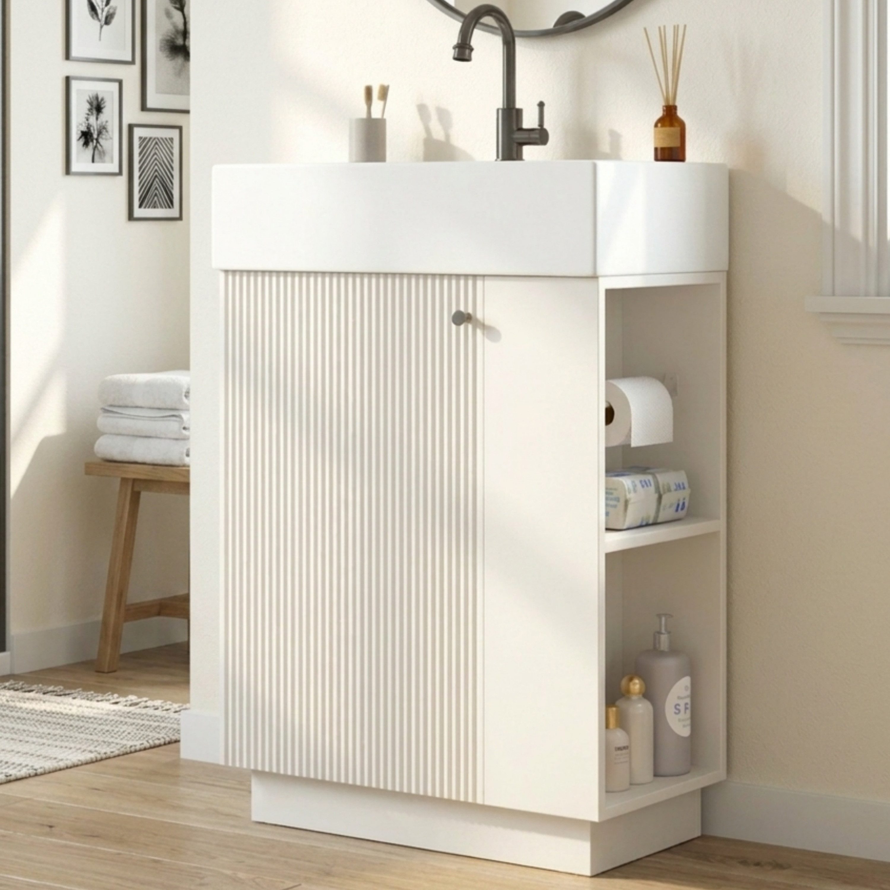 Merax Waschtisch mit Waschbecken, Badmöbel freistehend, geriffelte Holzoptik (55×32×87cm, 1-St., Unterschrank ohne Wasserhahn), Badzimmerschrank mit Soft-Close Tür, Stauraum & Toilettenpapierhalter